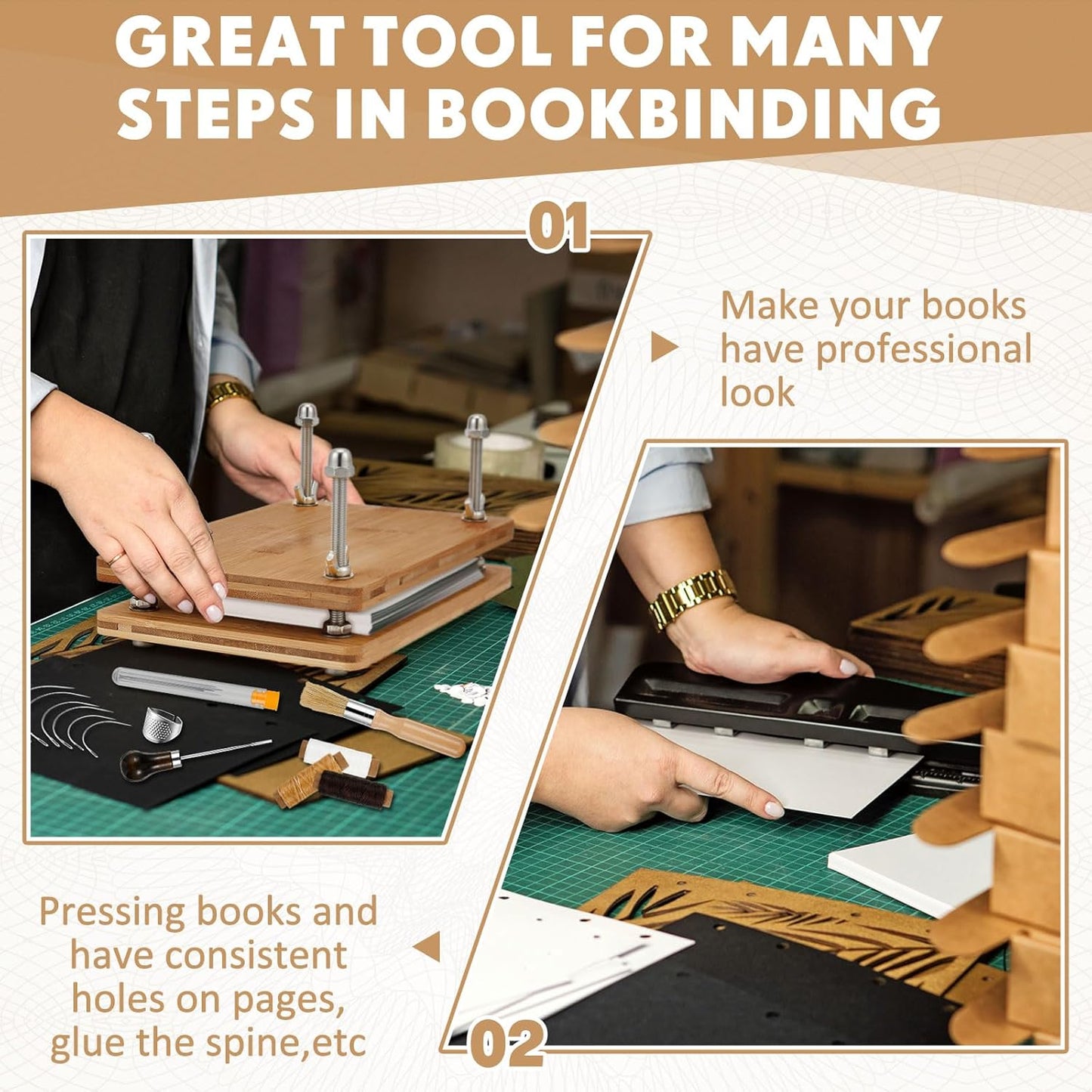 DoubleFill Book Binding Kits 11.6 x 7.9 Book Press Board 25 Pcs Bamboo Wood Bookbinding Tools Set with Real Bone Folder Awl Large Eye Needles Wax Thread Cloth for Beginners DIY Bookbinding Supplies