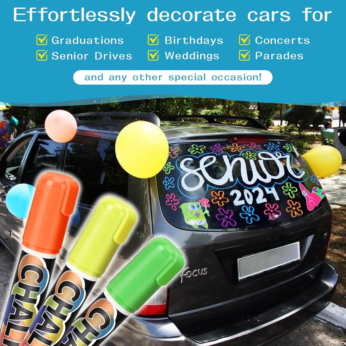 Car Window Markers for Glass Washable –10mm Liquid Chalk Car Paint Pen Wet Erasable, 8 Neon Chalk Markers for Big Chalkboard, Blackboard, Bistro, Glass, Mirrors, Auto Windshield