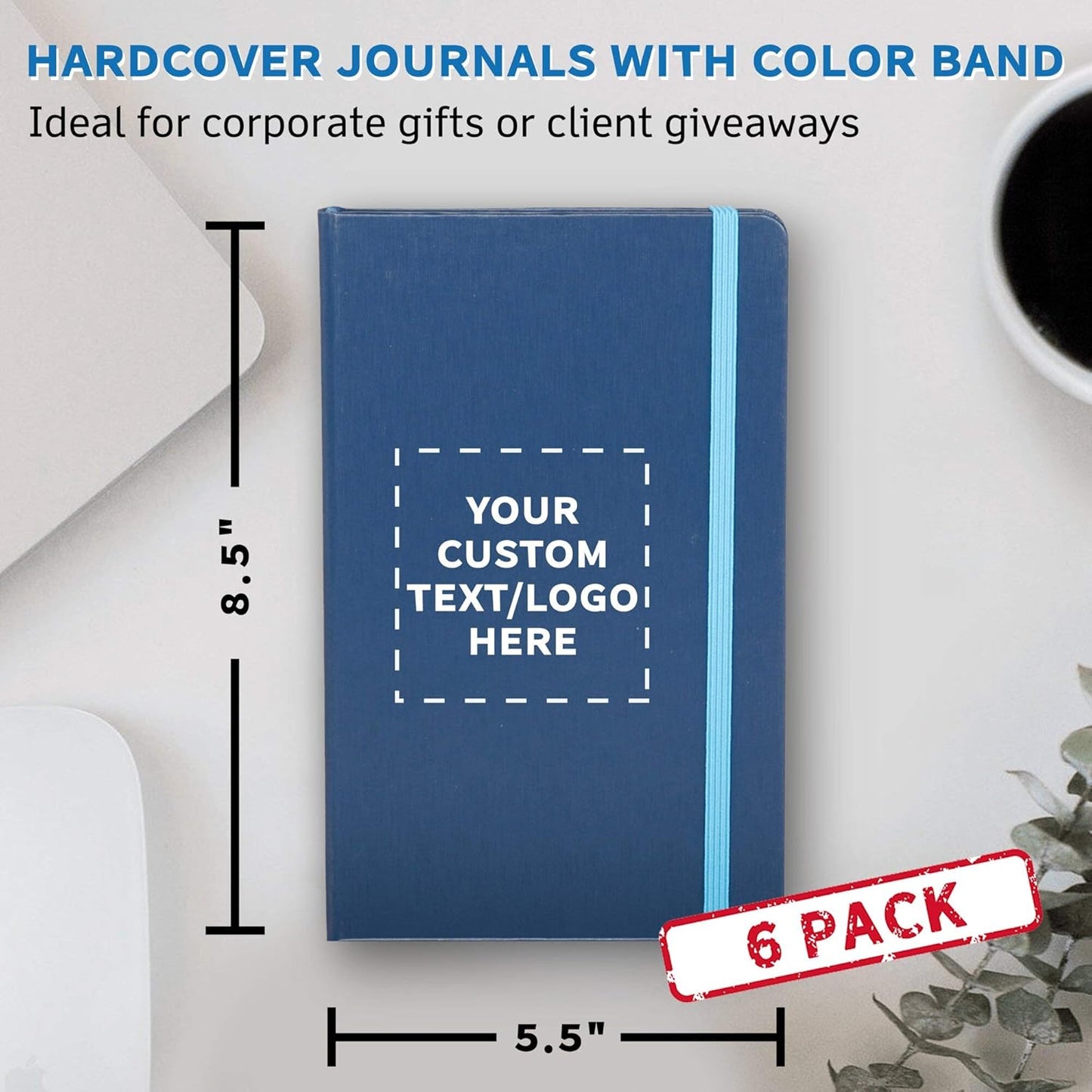 DISCOUNT PROMOS Custom Hardcover Notebook Journals with Elastic Colored Band Set of 6, Personalized Bulk Pack - Perfect for School, Office, Home - Blue