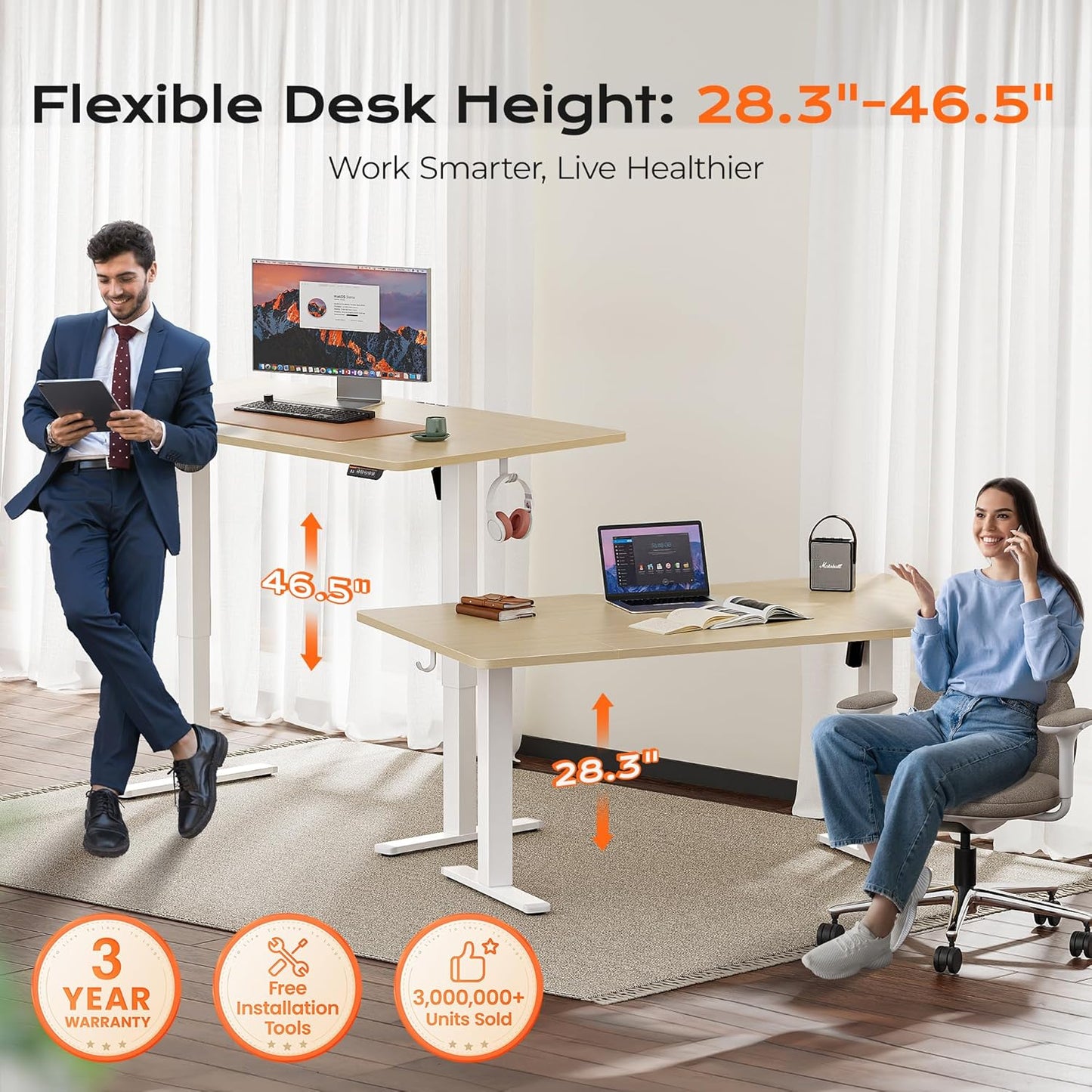 Huuger 63 x 28 Large Electric Standing Desk, Height Adjustable Computer Desk, 27.6" Deep Desktop, Stand up Gaming Office Table with 2 Hooks, 3 Preset Heights, for Home Office, Oak