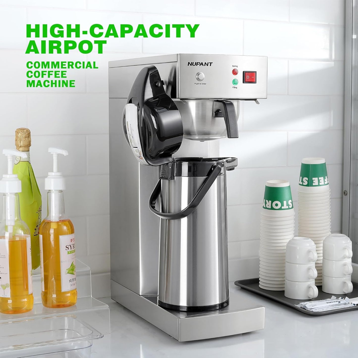 Auto-Filling Commercial Airpot Coffee Brewer 2.2L/74oz Dirp Coffee Maker Machine with 24 Hours Hot Thermal Carafe Stainless Steel Pour Over Coffee Dispenser 120V/1450W for Restaurant Office