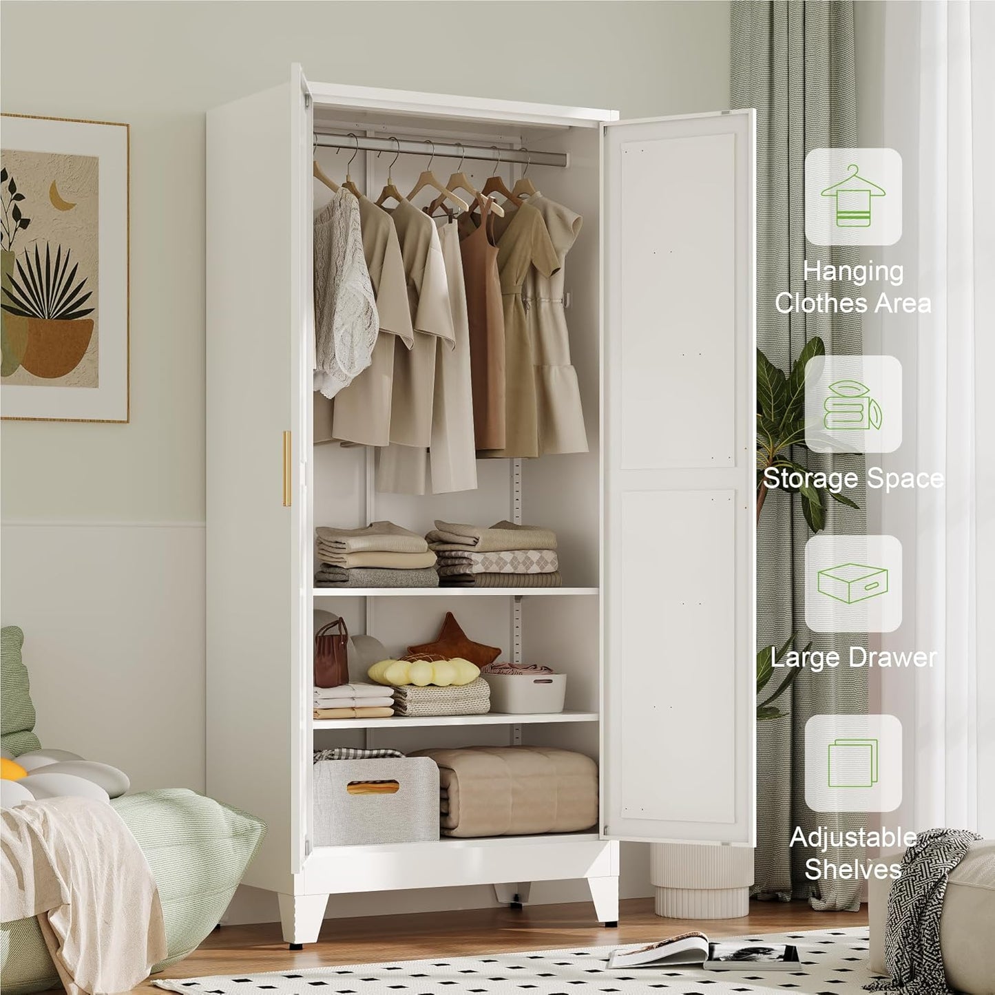 Metal Wardrobe Cabinet with Hanging Rod,Large 71" Armoire Wardrobe Closet with Adjustable Shelves,Farmhouse Metal Clothing Storage Cabinets for Bedroom,Office,Laundry Room(White)