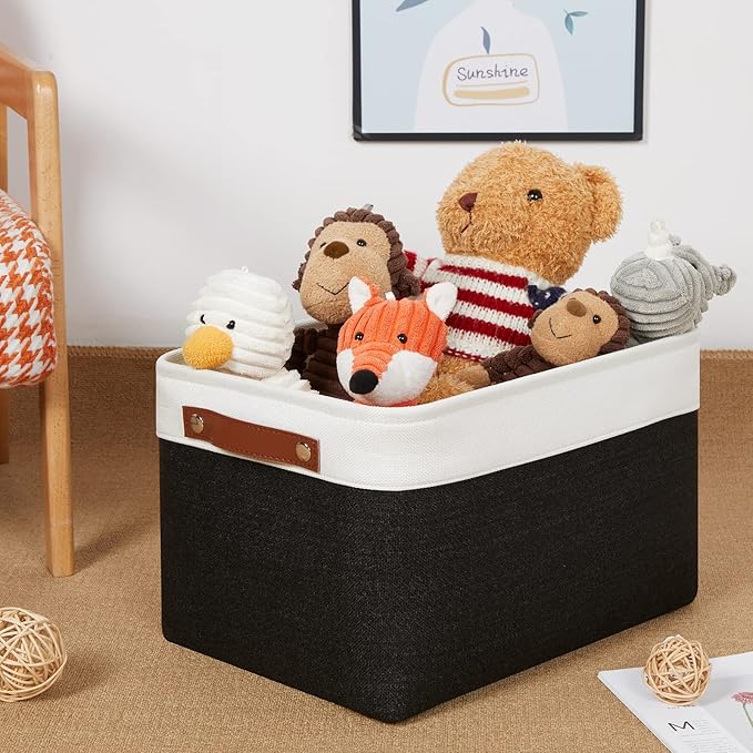 DULLEMELO Canvas Storage Bin with Handles, Fabric Bins for Shelves, Bedroom, Office,Nursery,Fabric Storage Baskets for Toys, Clothes,Gift(3-Pack Medium-15 inch X 11 inch X 9.5 inch , White&Black)