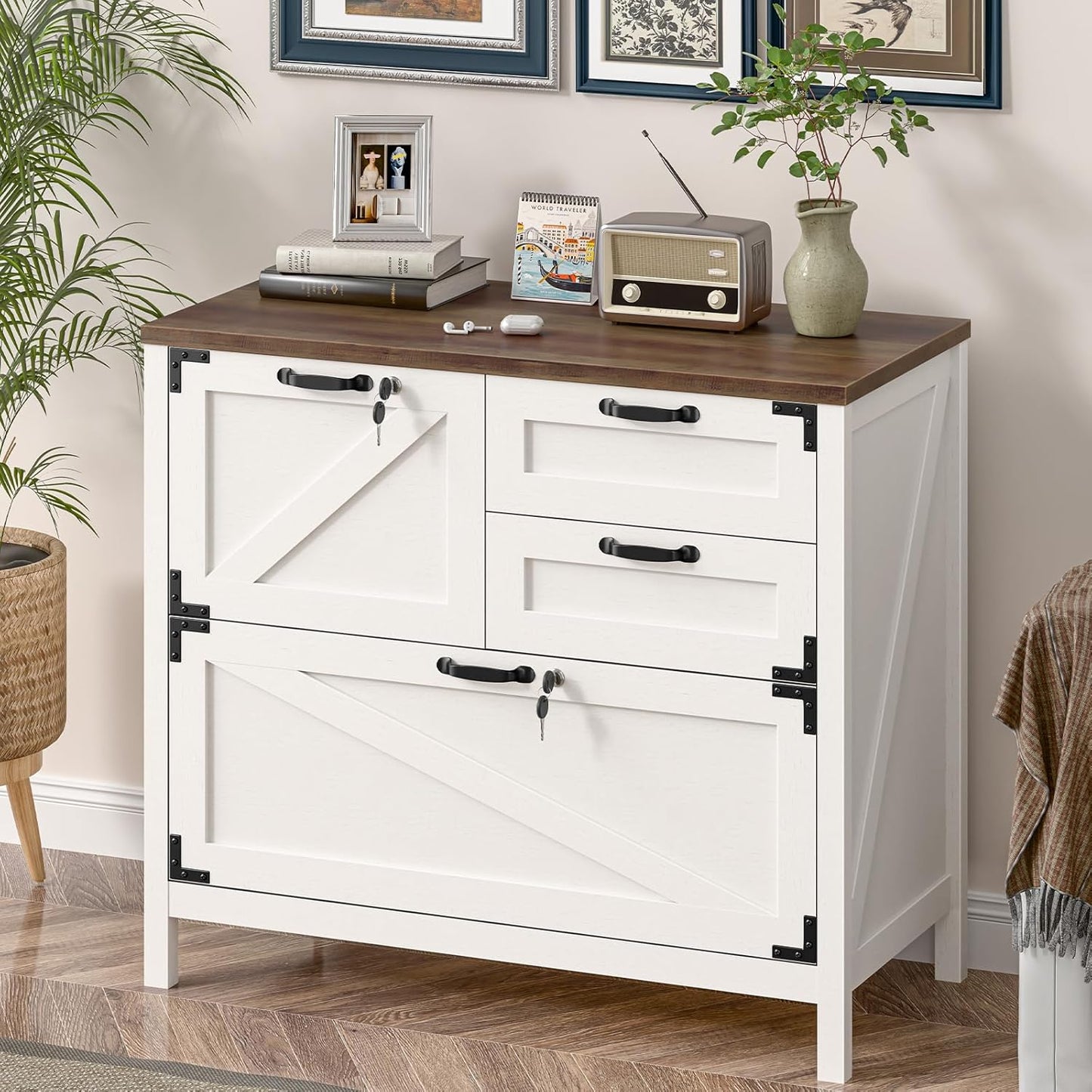 Wood Lateral File Cabinet with 4-Drawer for Hanging Files Letter/A4/Legal Size, Large Farmhouse Filing Cabinets with Lock for Home Office, Printer Stand with Office Cabinet, Office Furniture