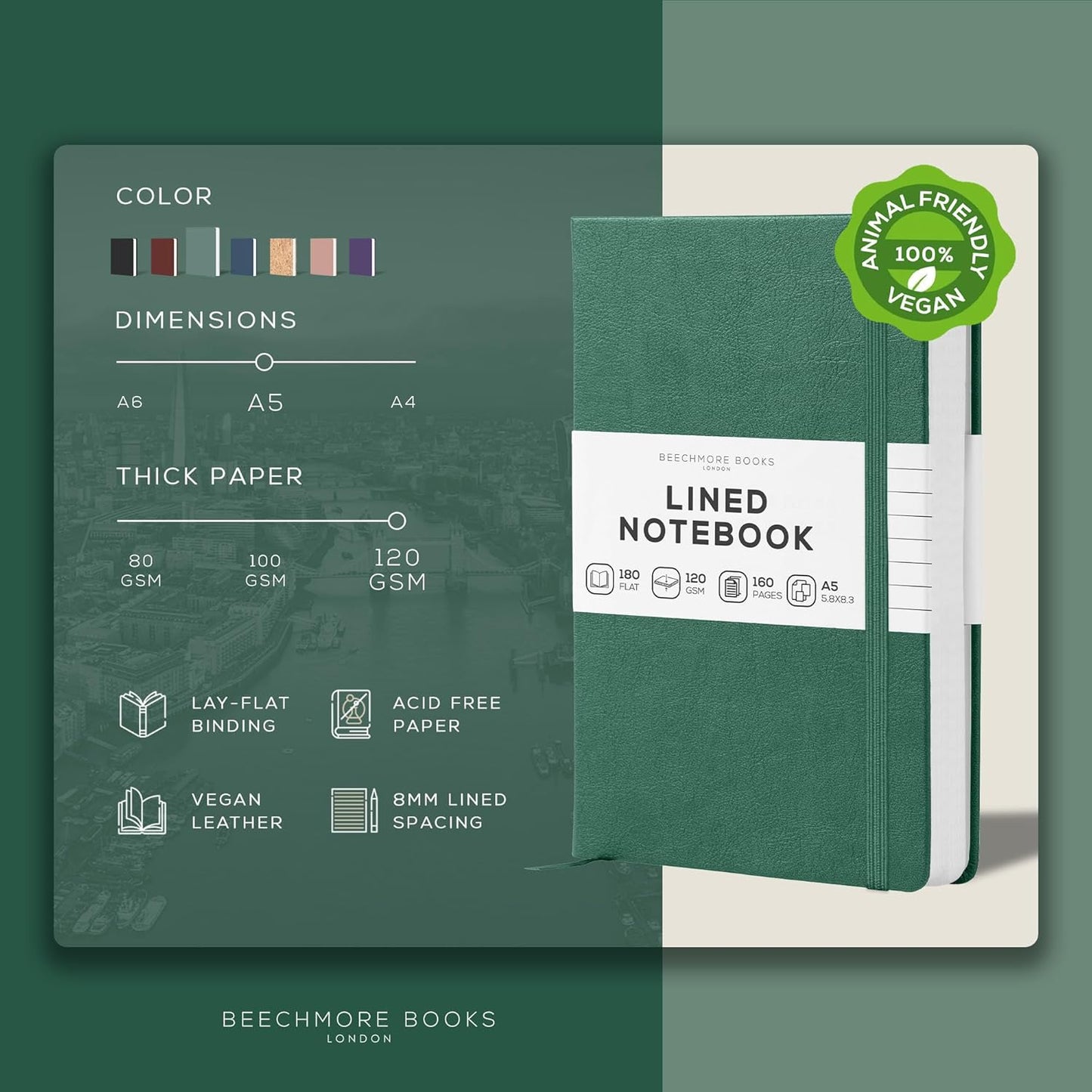 BEECHMORE BOOKS Lined Journal Notebook, 5.8 x 8.3 inch, A5 160 Lined Pages, Hardcover Leather Journals for Women, Men, Writing and Notebooks for Work - 120 GSM Thick Paper, Gifts Box Included