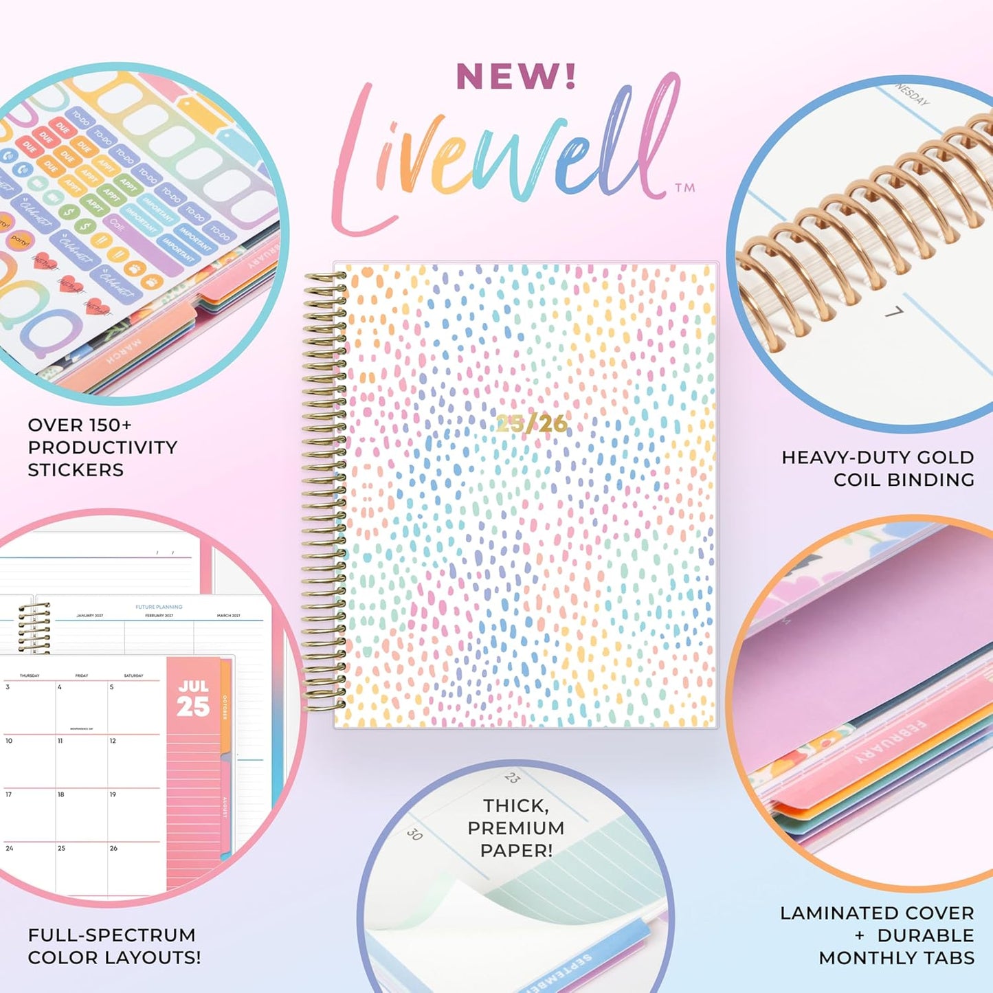 Blue Sky Livewell 2025-2026 Weekly and Monthly Academic Year Planner Calendar, July 2025 - June 2026, 7" x 9", Flexible Cover, Wirebound, Laminated Tabs, Storage Pocket, Includes Stickers, Rainbow