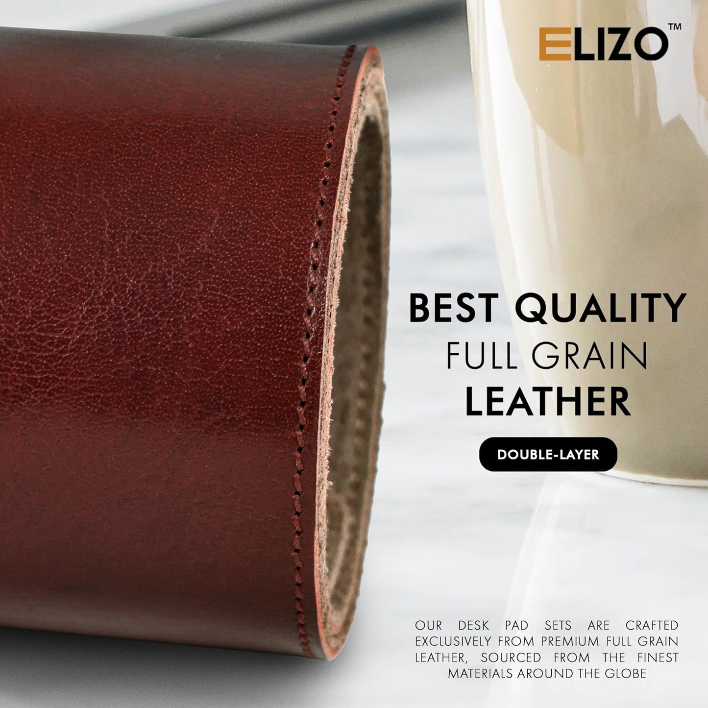 Elizo Leather Desk Mat Desk Pad Blotter Set - Real Full-Grain Leather (32x16) 2-Layer Genuine Desk Cover Protector & Large Mouse Pad | Computer Keyboard Desk Accessories for Office & Home
