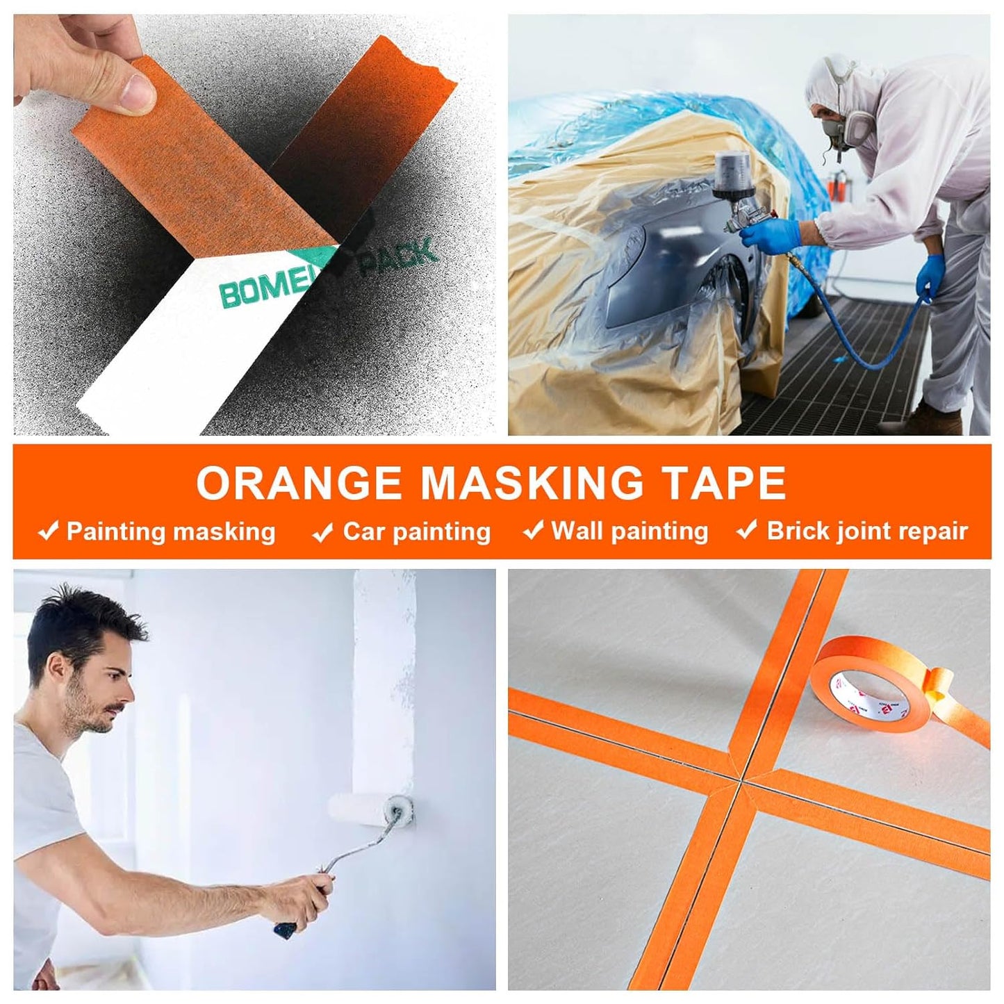 BOMEI PACK 2 Inch Wide Masking Tape, Orange Painters Tape 3 Rolls x 2 inch x 60 Yards (180 Total Yards) Residue-Free Painting Tape for Labeling, DIY Crafting, Decoration and School Projects