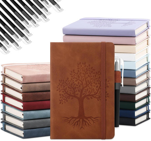 Estune Tree Small Notebooks Pen Leather Lined Pocket Subject Notebooks Hardcover Pocket Notepad Cute Ruled Leather Journals with Pen Holder for Men Women School Business, A6(Retro Color,20 Set)
