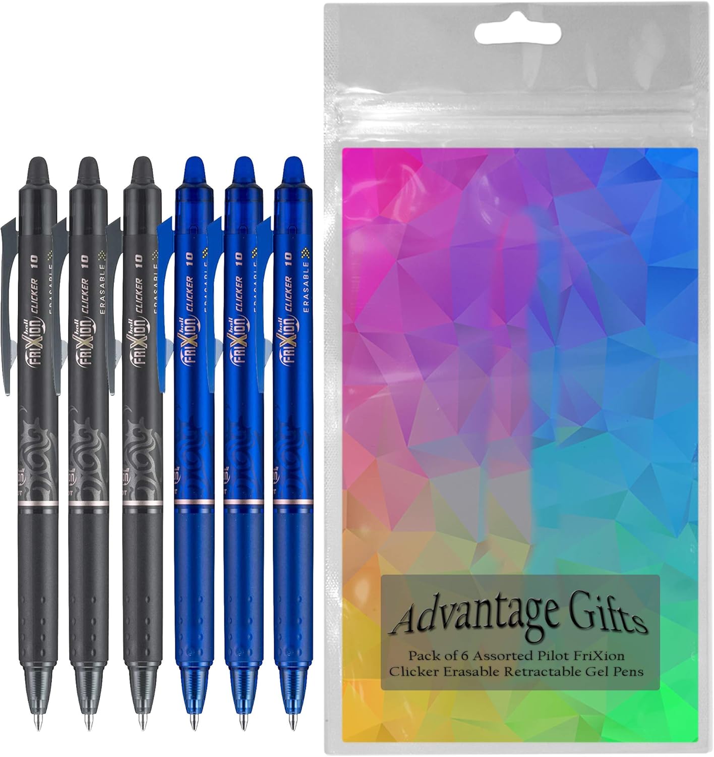 FriXion Clicker Retractable Erasable Gel Pen, Black/Blue, Bold Point, 6-pk; Bundle with Plastic Reusable Pouch
