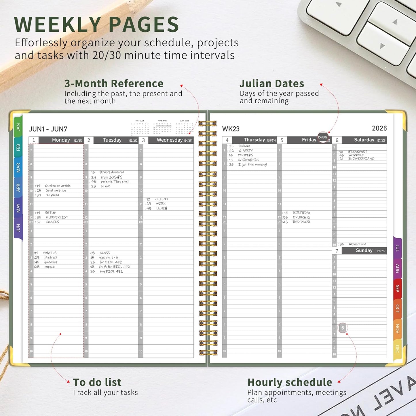 2026 Appointment Book/Planner - 2026 Daily Hourly Planner from Jan. 2026 - Dec. 2026, Weekly appointment Book 2026, 2026 Hourly planner with 20-Minute Interval, 9" x 11", Twin-Wire Binding, Colorful Tabs, Pocket - Green