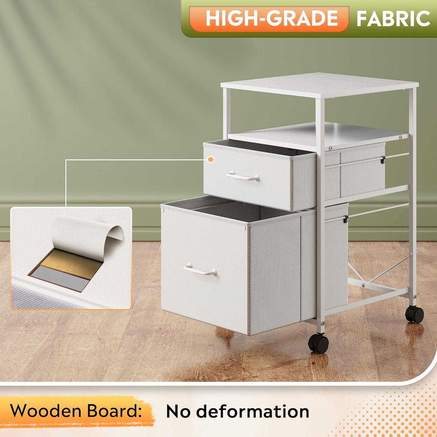 DEVAISE 2 Drawer Fabric Vertical Filing Cabinet, Rolling Printer Stand, White