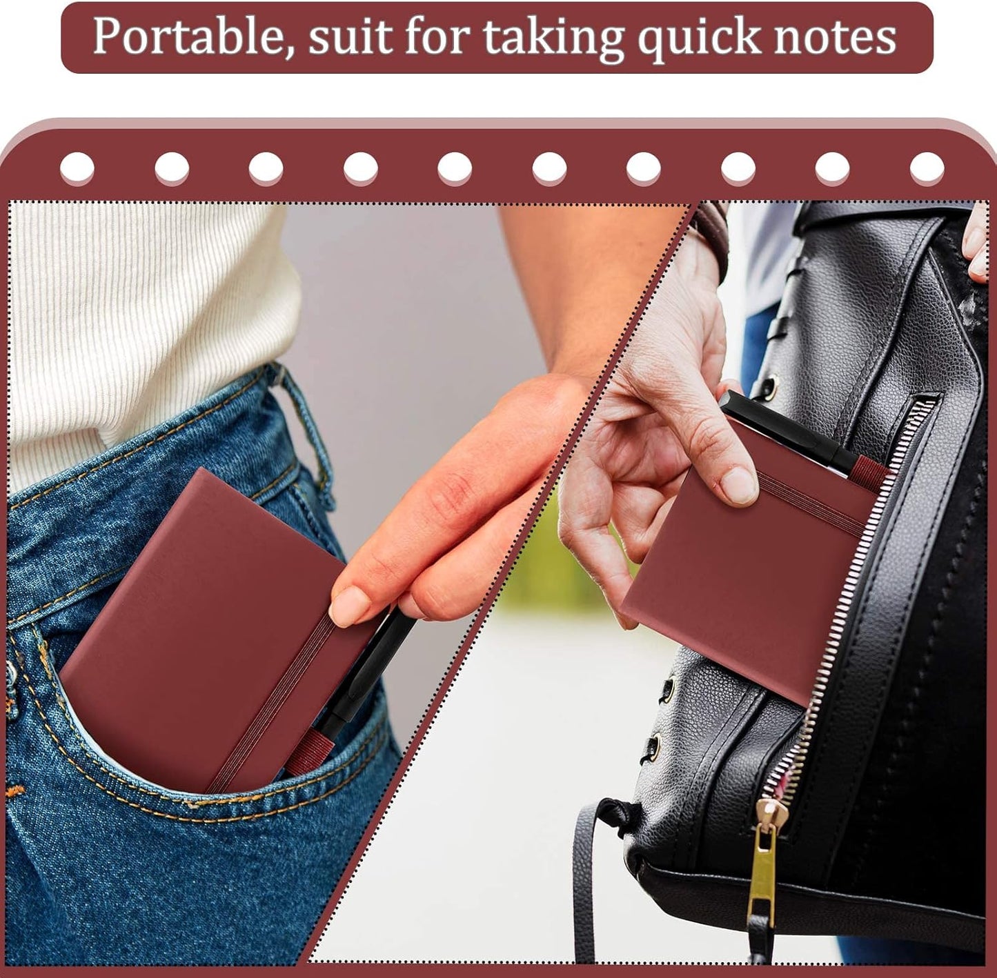 Laumoi Pocket Notebook Journals with Pens A6 Cute Small Journal Notebook Ruled Lined Mini Notepad Hardcover Executive Notebooks Set with Pen Holder for School Office, 3.7 x 5.7 Inch (Burgundy)