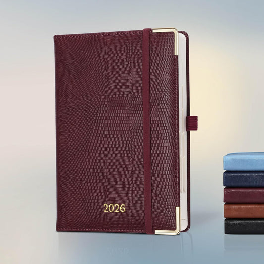 Daily Planner 2026 with One Page Per Day,(A5-8.5" x 5.9"),12 Months Calendar Hourly Appointment Book Monthly Tabs & Self-adhesive Pen Holder,Inner Pocket,Durable Vegan Leather,Burgundy