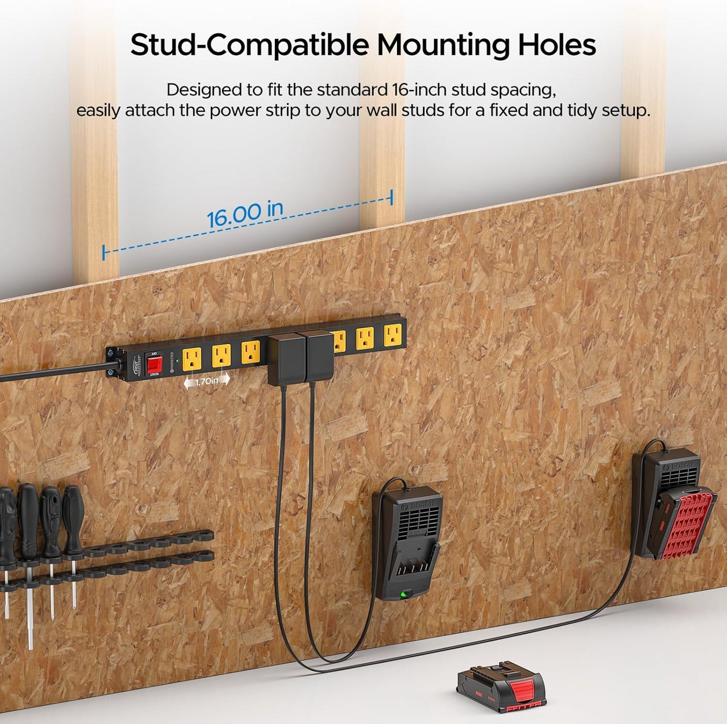 CRST 8 Outlet Metal Long Power Strip,Heavy Duty Surge Protector 2100J, 6 FT Cord Mountable Wide Spaced Workshop Garage Power Strip, 15amp/1875W