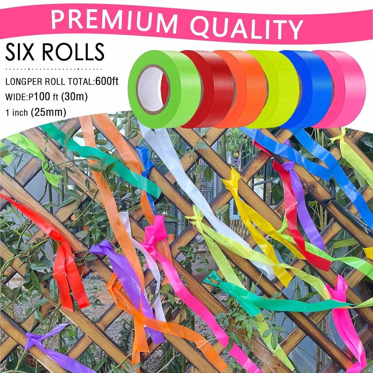 6 Pack Flagging Tape Assorted Colors, Non-Adhesive Plastic Ribbon Neon Marking,1"*600ft, Marking Tape for Tree Marking,Hunting,Boundaries and Hazardous Areas,Trail Marking