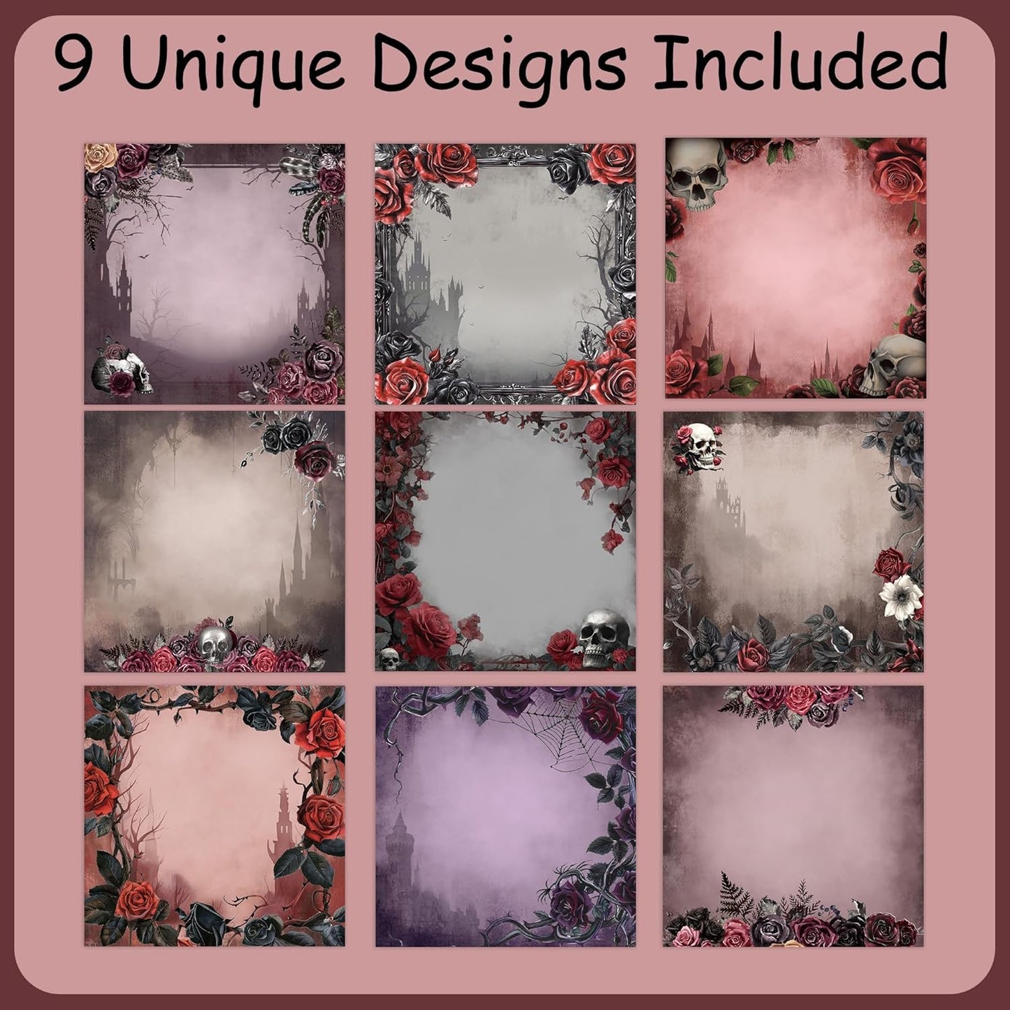 9 Pack Dark Romance Sticky Notes Set, 450 Sheets Gothic Halloween Self-Stick Notepads with Skull Rose Designs, Aesthetic Witchy Stationery Gifts for Women Teens