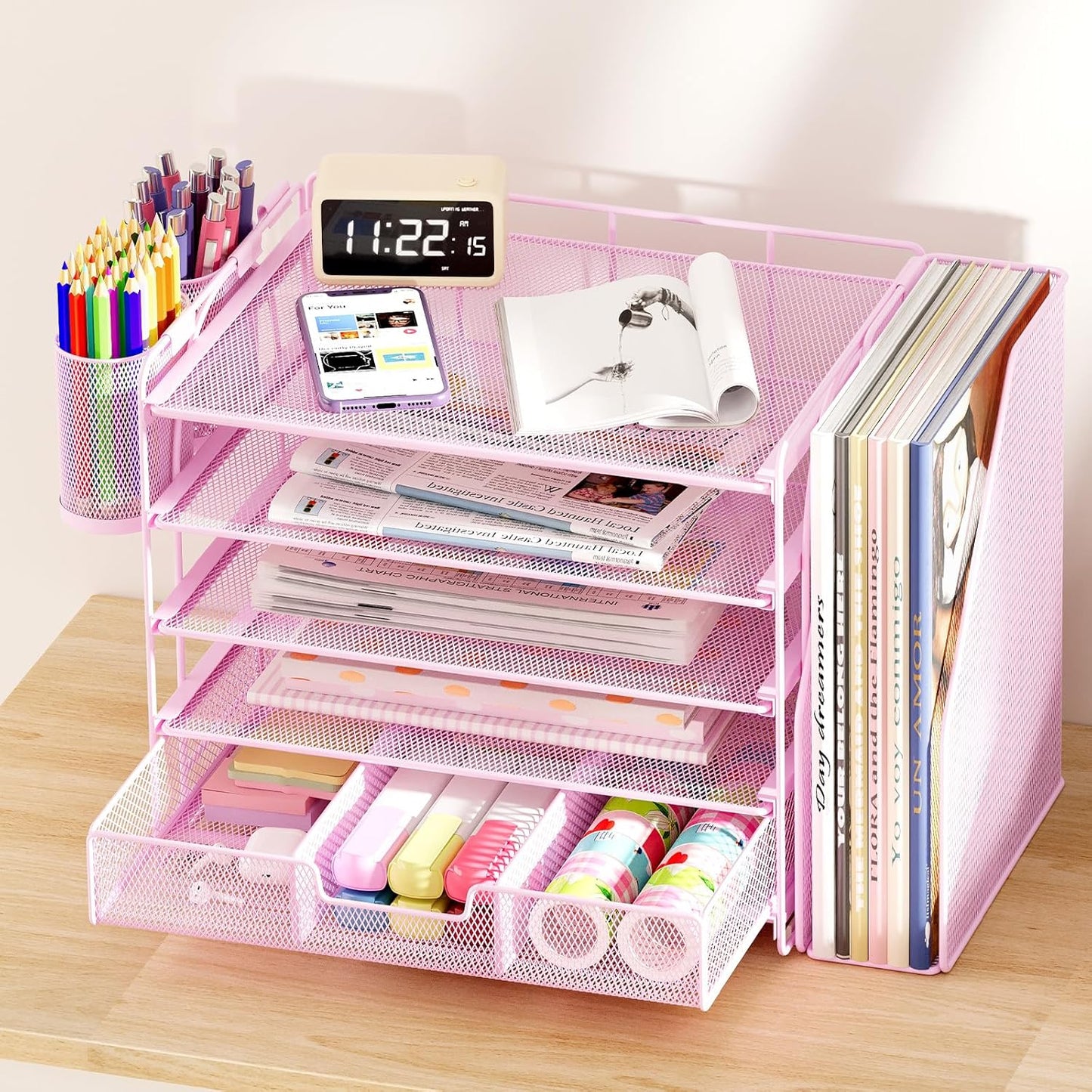 Desk Organizers and Accessories, 5-Tier Paper File Organizer with Drawer & Pen Holder, Office Desk Accessories Workspace Desktop Organizer for Office Supplies((Pink)
