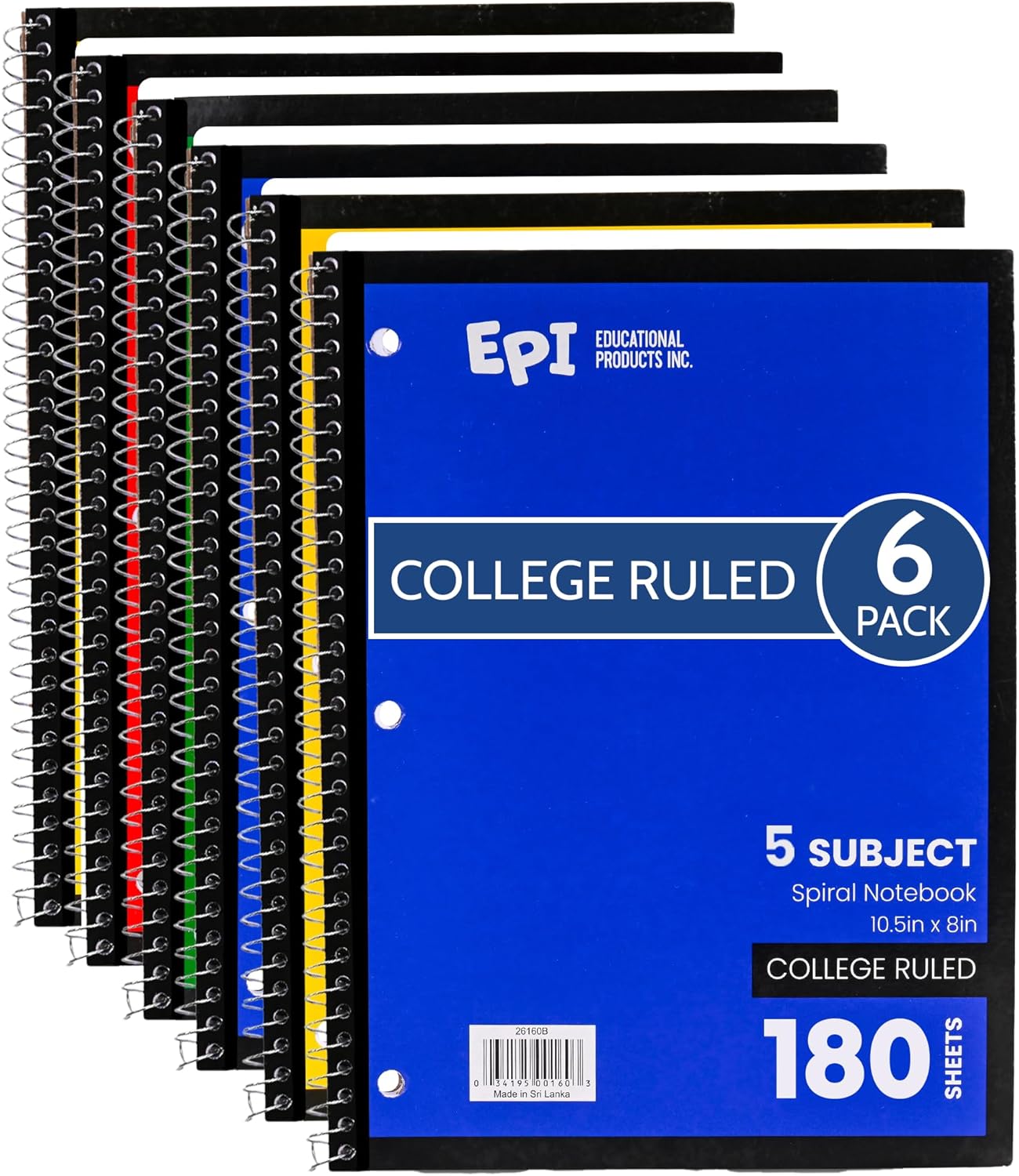 EPI Spiral Notebook | 5 Subject - College Ruled - 180 Sheets, Durable Spiral Binding | 10.5 x 8 in | Classroom Supplies | School, Office, Note Taking, Journaling - 6 Pack
