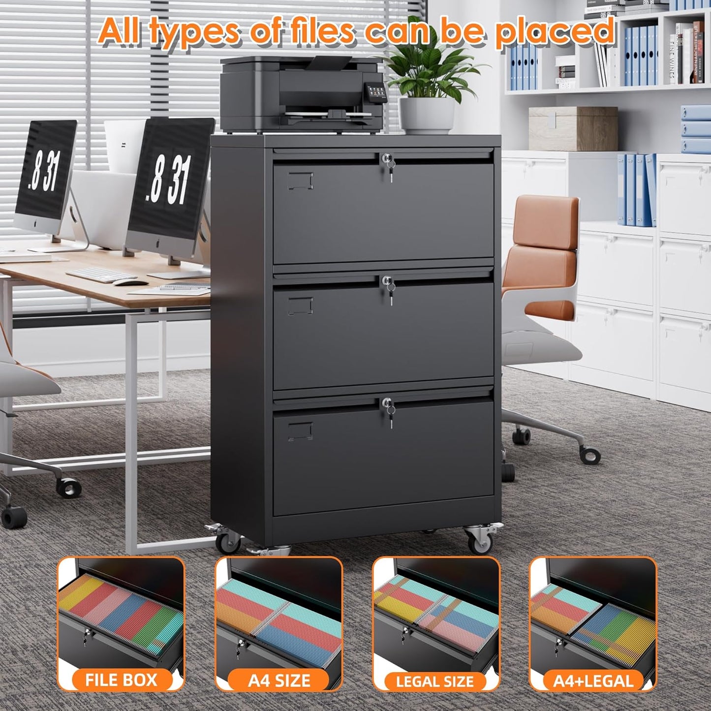 METAN Upgrade 3 Drawers Lateral File Cabinet on Wheels,Steel Office Filing Storage Cabinet with 3 Locks,Assembly Required,Black