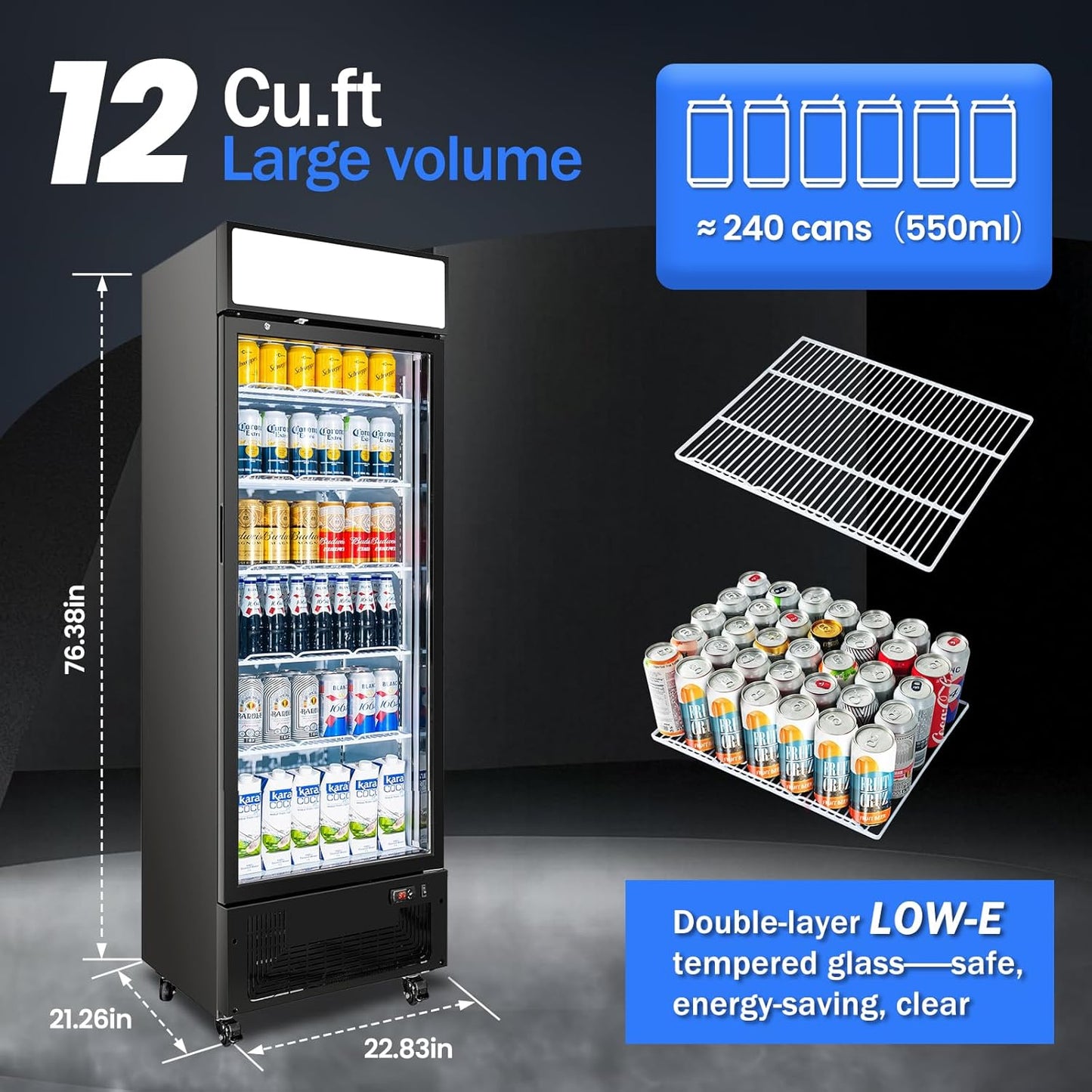 Commercial Display Refrigerator with Glass Door 12 Cu.ft Merchandiser Beverage Cooler Bar Black Drink Fridge for Convenience Stores, Supermarkets,Bars,Offices