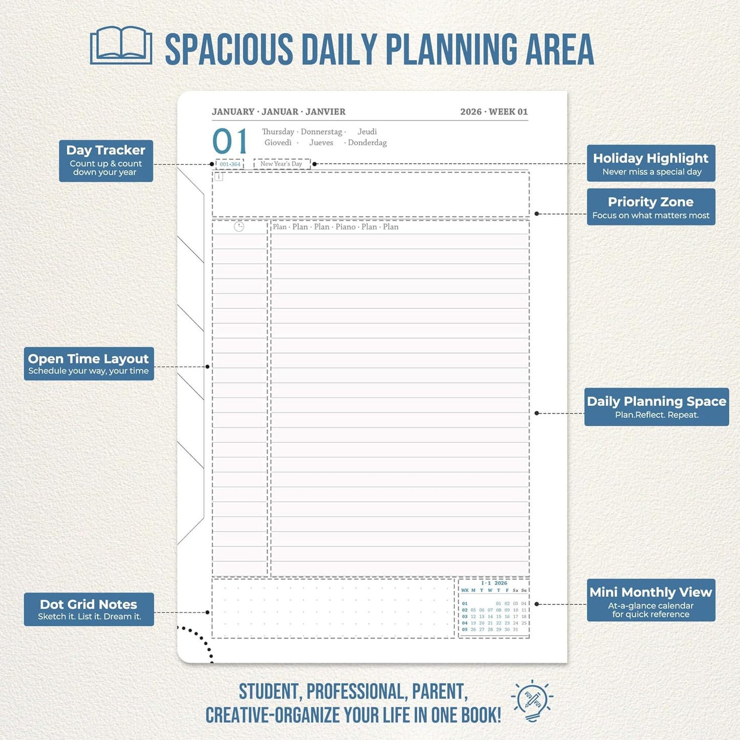 Daily Planner 2026 with One Page Per Day,(A5-8.5" x 5.9"),12 Months Calendar Hourly Appointment Book Monthly Tabs & Self-adhesive Pen Holder,Inner Pocket,Durable Vegan Leather,Sky Blue