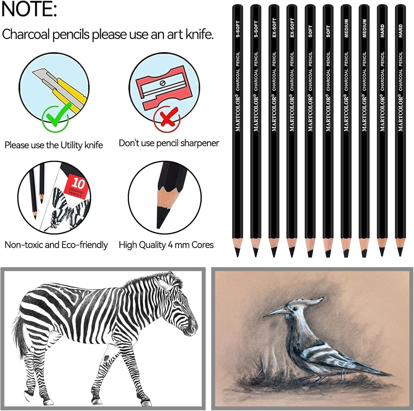 Charcoal Pencils for Drawing, 10 Pieces (S-Soft, Ex-Soft, Soft, Medium, & Hard) Black Charcoal Pencils for Sketching, Shading, Blending