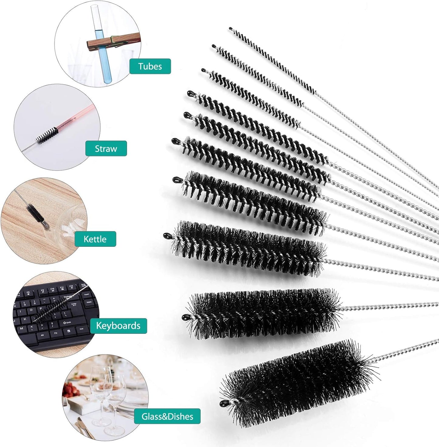 CiaraQ Bottle Cleaning Brushes, 8 Inch Nylon Tube Brush Set, Cleaner for Narrow Neck Bottles Cups with Hook, Set of 10pcs, Black
