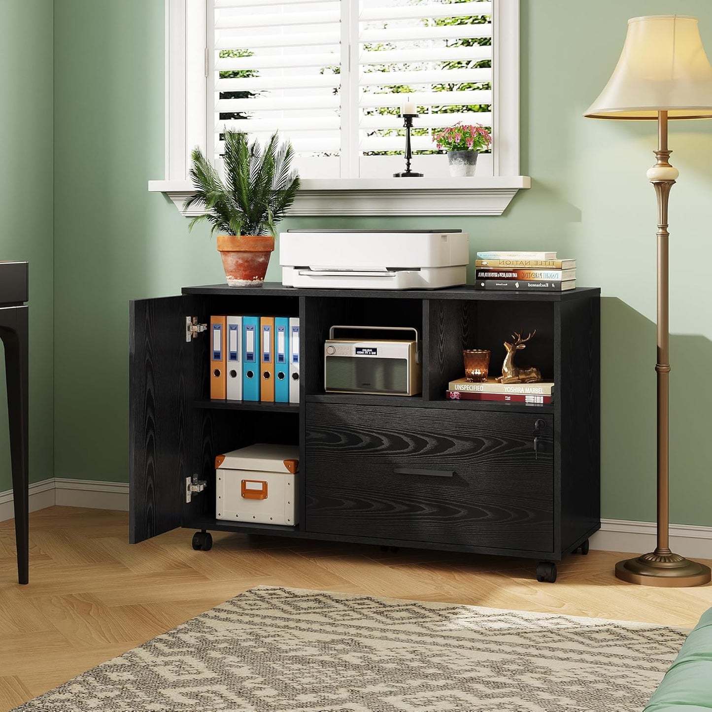 DEVAISE Office File Cabinet with Lock, 1-Drawer Wood Lateral Filing Cabinet on Wheels, Printer Stand with Open Storage Shelves for Home Office, Black
