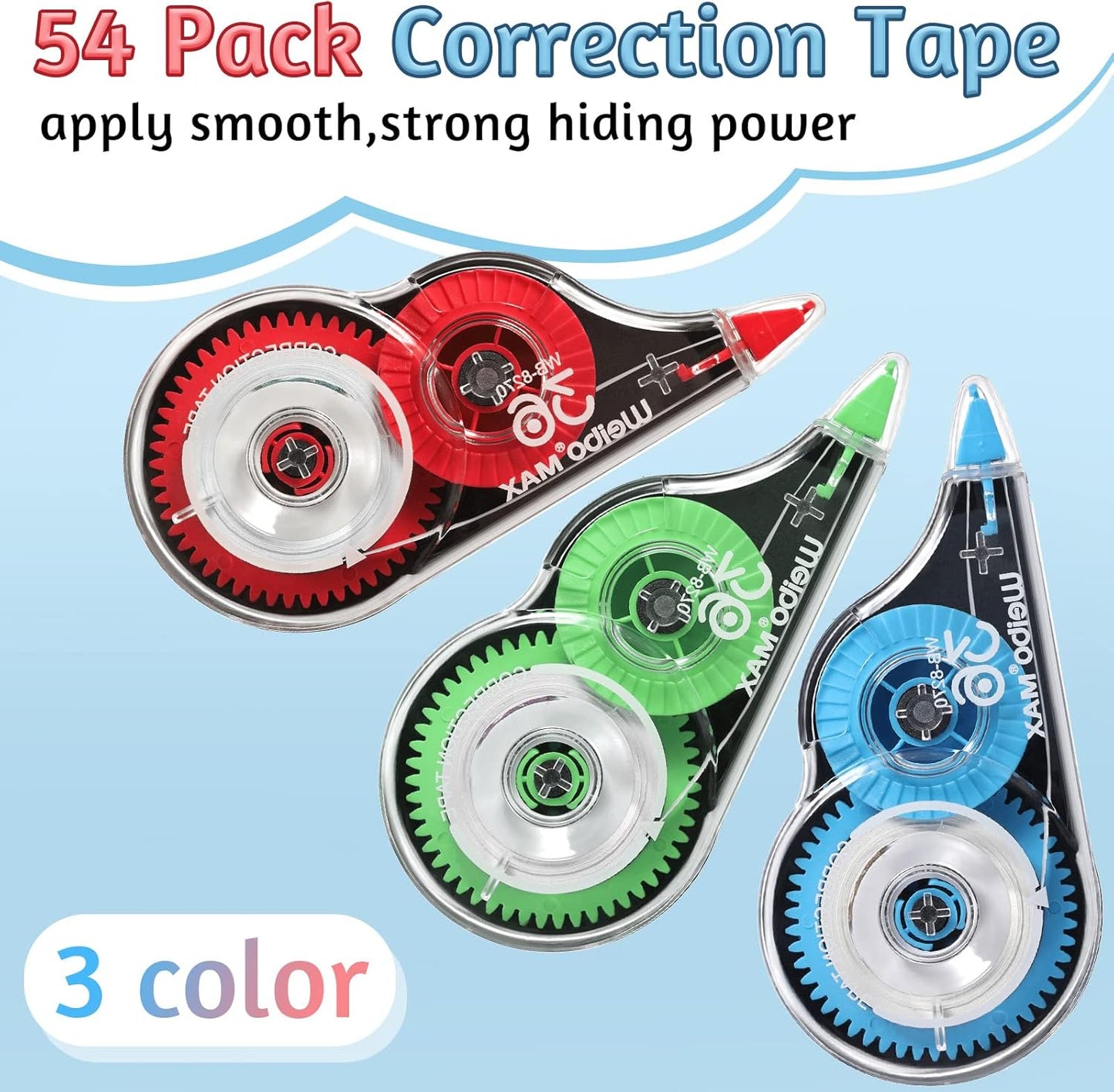 54 Pack Correction Tape Bulk White Correctional Fluid Tape Easy to Use Applicator Corrector Correct Wrong Writing Eraser for Office Education Supplies, 20 Feet