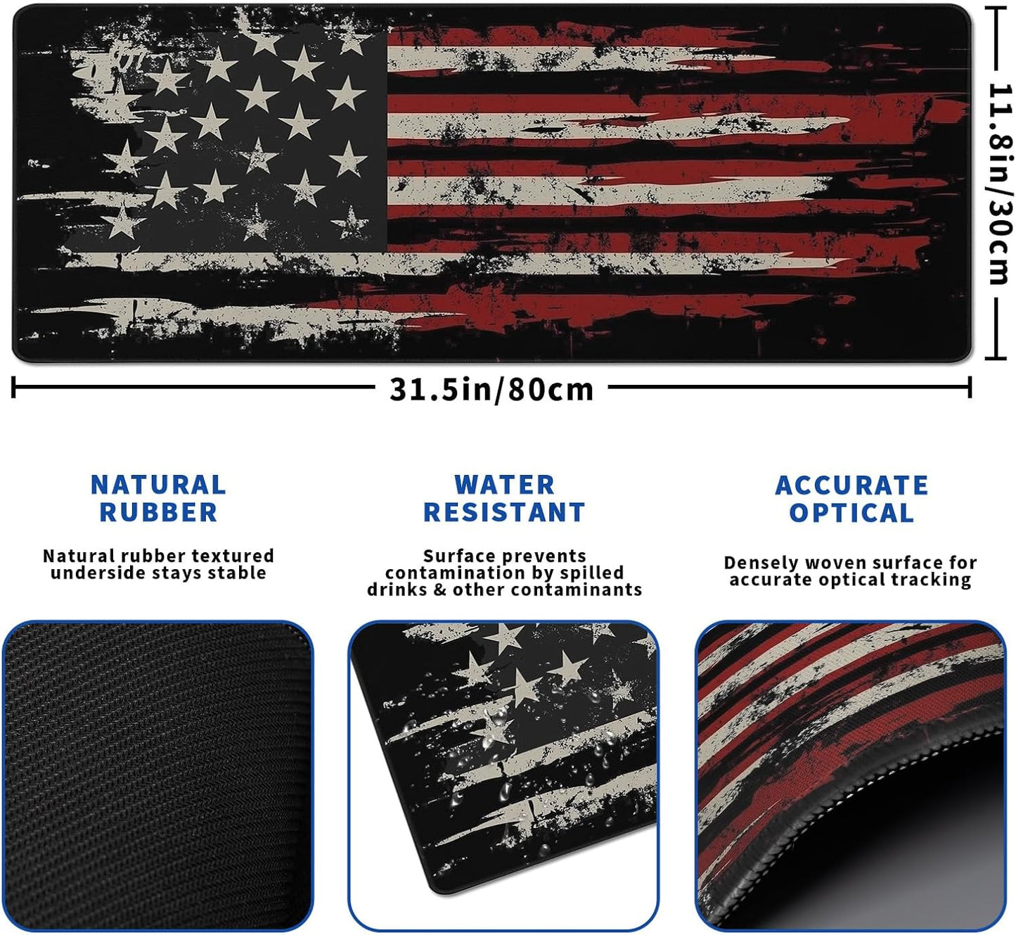 American Flag Mouse Pad Abstract American Mouse Pad 31.5x11.8 Inch Flag Texture Non-Slip Rubber Base Large Mousepad Stitched Edges Keyboard Mouse Mat Desk Pad for Office and Home