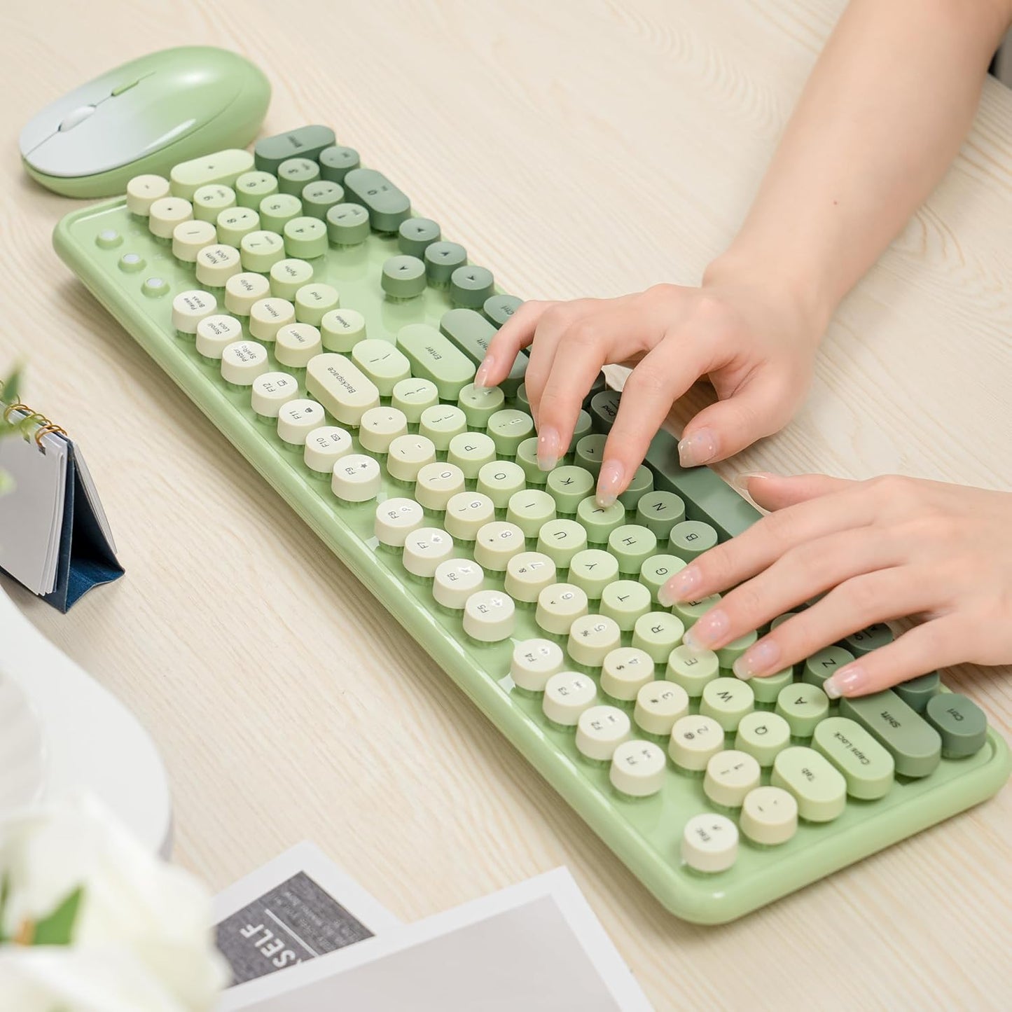 Colorful Wireless Keyboard and Mouse Combo, COVEVA 2.4GHz Wireless Retro Cute Round Keycaps Keyboard, 104 Keys Full-Sized Keyboard Mouse Set with Switch Button for PC Laptop Desktop (Green Gradient)