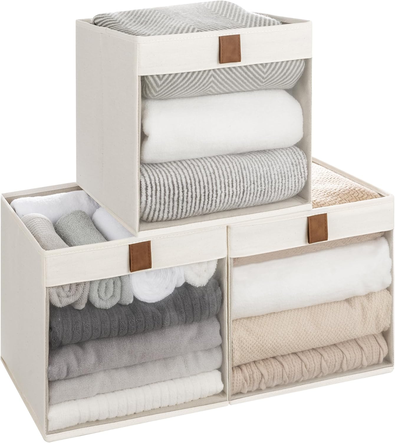 StorageWorks 11x11 Storage Cubes, Closet Storage Bins with Clear Window, Fabric Organizer for Clothes, Collapsible Storage Baskets with PU Handles, Beige, 3-Pack