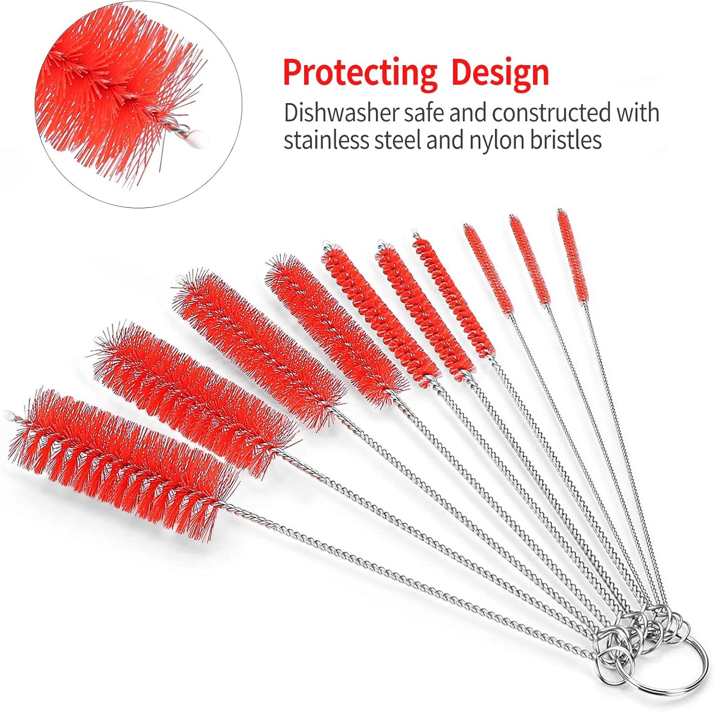 CiaraQ Bottle Cleaning Brushes, 8 Inch Nylon Tube Brush Set, Cleaner for Narrow Neck Bottles Cups with Hook, Set of 10pcs. Red