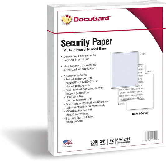 DocuGard Advanced Blue Multi-Purpose Security Paper - Fraud Prevention - 7 Security Features - Laser & Inkjet Printer Compatible - 8.5" x 11“ - 24 lb - 500 Sheets (04546)