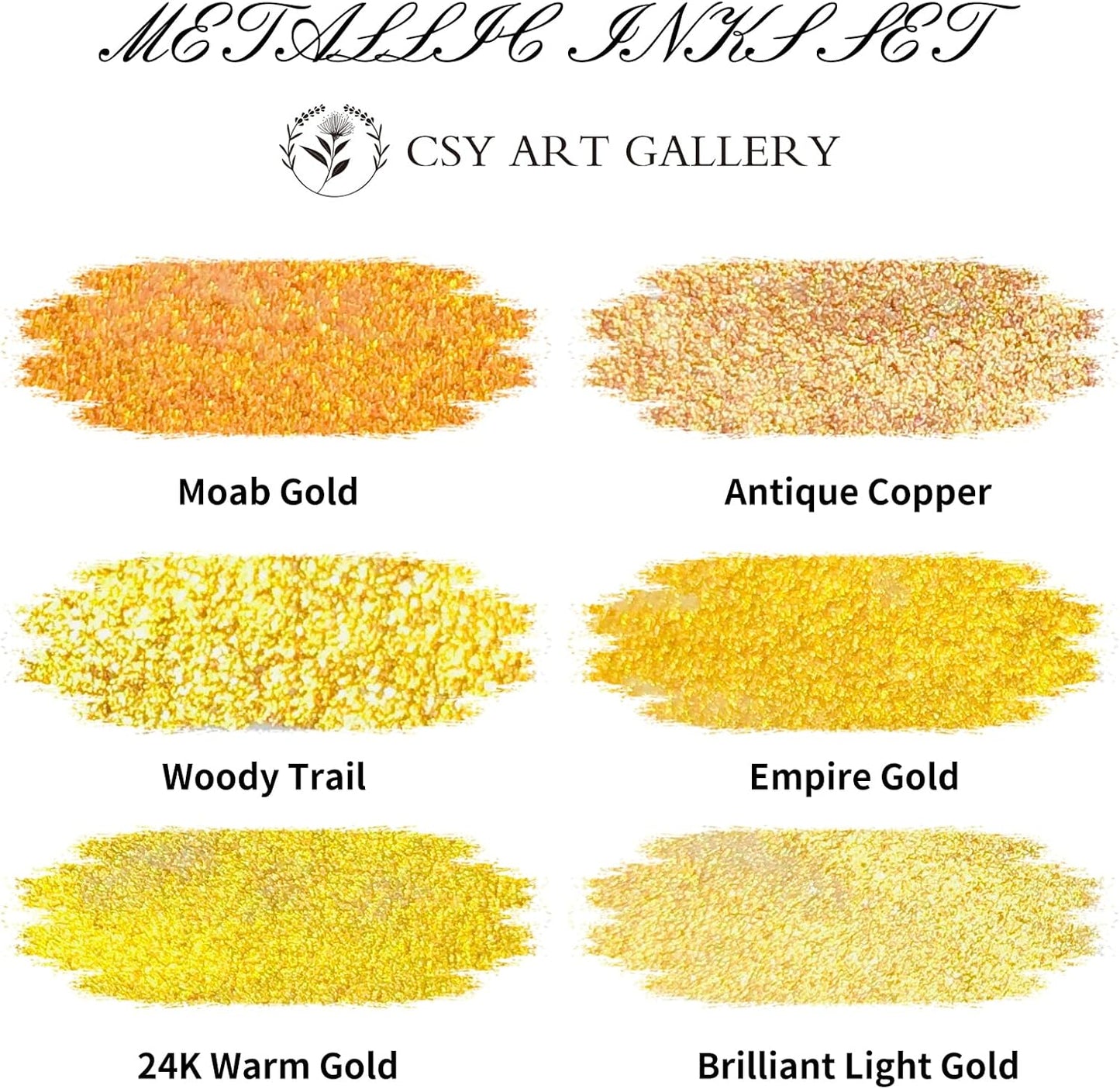 CSY art gallery Metallic Acrylic Water-Resistant Ink-Drawing Inks Set-24K Gold Mica Paint-Shimmy Pigment for Dip Pen, Brush, Artist, Non Toxic Paints(Fallen Leaves Starlight Set)