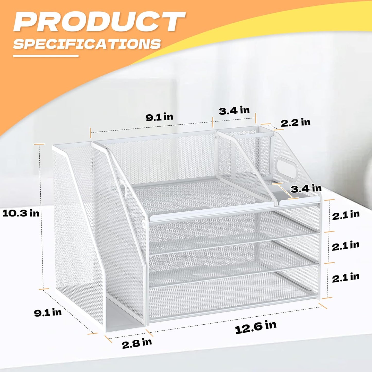 DocNest 4 Tier Paper Letter Tray File Organizer, Mesh Desk File with Handle, Workspace Desk Organizers with Pen Holder, Office Organization Storage Accessories - White