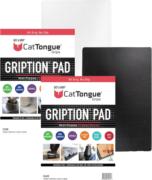 CATTONGUE GRIPS Non-Adhesive Anti-Slip Mat - Multi-Purpose Non-Slip Pad for Countertops, Desks, Tables & Workspaces - Ideal Desk Mat, Drawer Liner, Laptop Pad & More (Black & Clear, 8” x 12”)