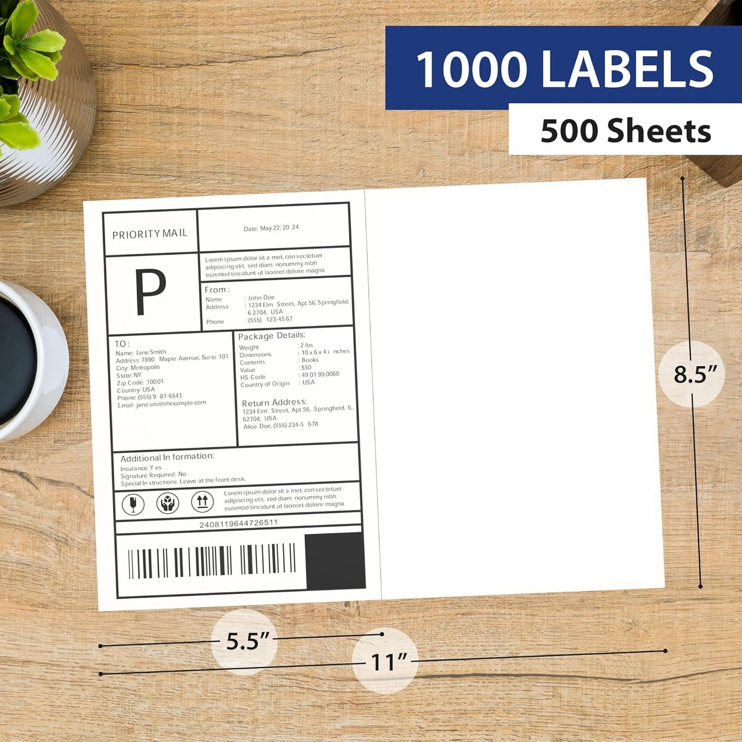 500 Sheet (1000 Labels) | 8.5" x 11" 2 UP Half Sheet Self Adhesive Shipping Labels for Laser & Inkjet Printers | Ecommerce, Address, Mailing, Labeling, Packaging