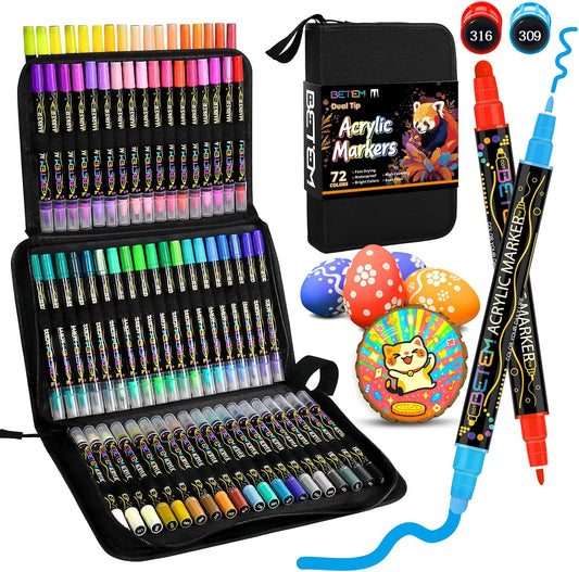 Betem Acrylic Paint Markers Pens, Dual Tip 72 Colors Premium Paint Pens Acrylic Markers for Wood, Fabric, Canvas, Stone, Rock Painting, Glass, Ceramic Surfaces, DIY Crafts Making Art Supplies with Bag