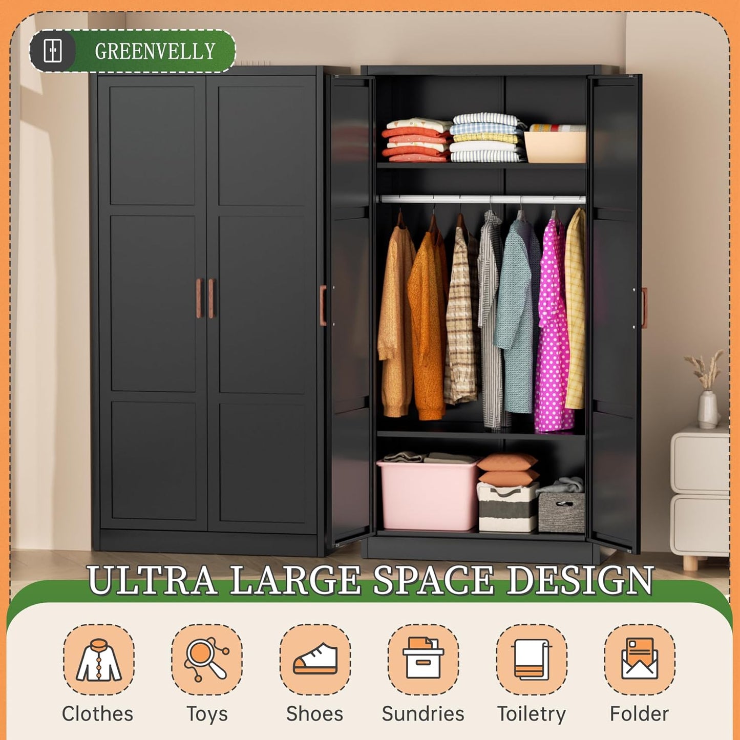 Greenvelly Metal Wardrobe Cabinet with Wooden Handle, 72" Black Metal Wardrobe Closet with Hanging Rods and Adjustable Shelves, Clothing Storage Closet Cabinet for Home, Office, Employee, Gym