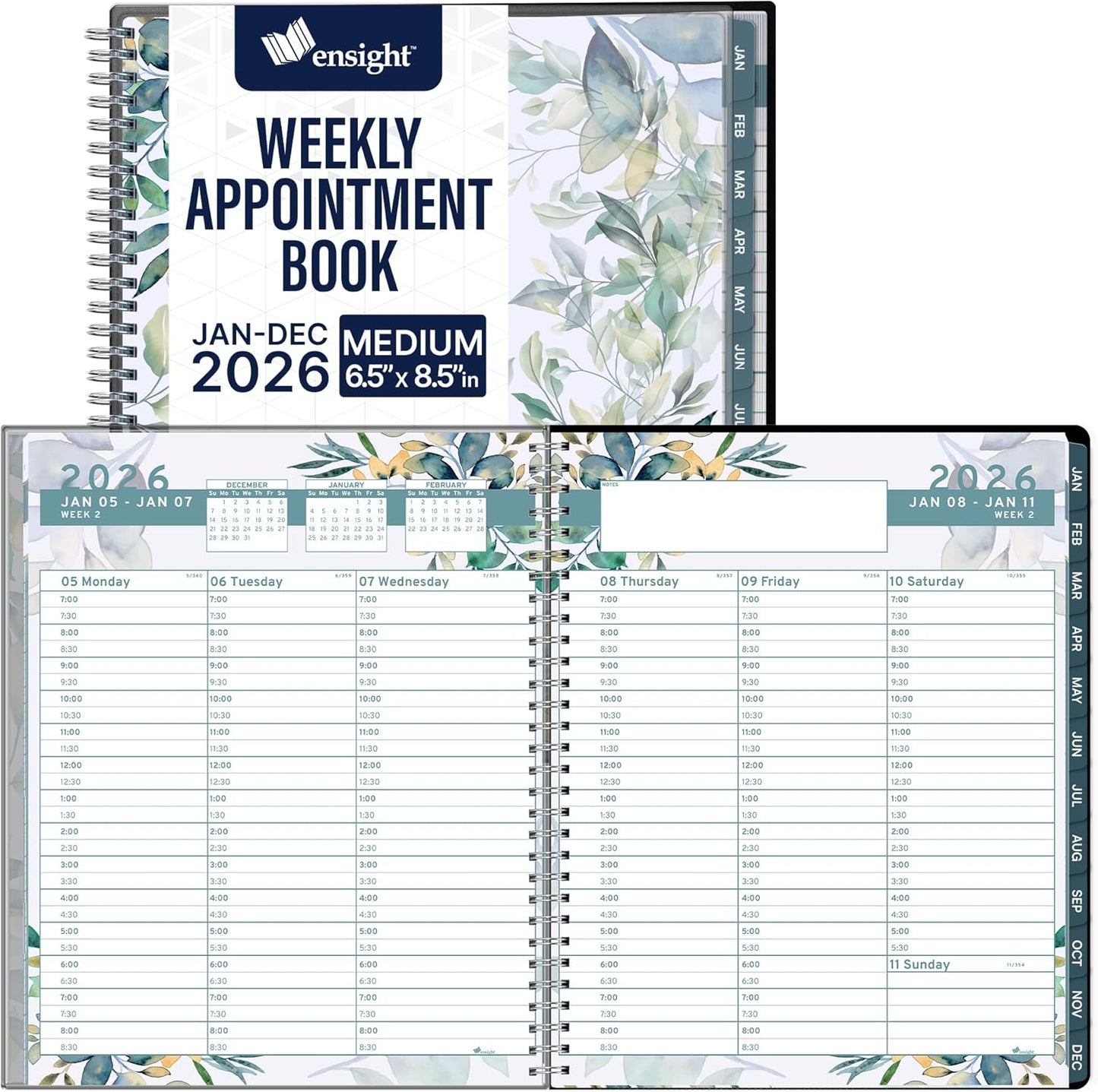Ensight 2026 Appointment Book and Planner Ensight 6.5 x 8.5 inches Large Tabbed Daily Hourly Weekly Planner Calendar Schedule Book 30 Minute time Slots Jan 2026 Dec 2026 Floral