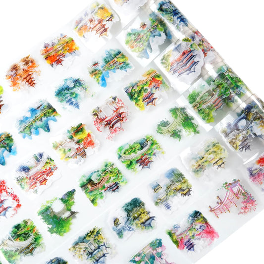 6 Rolls Garden Courtyard Landscape PET Tape Set, Pre-Cut Scenery Stickers for Journaling, Scrapbooking, and DIY Crafts, with Decorative Clip