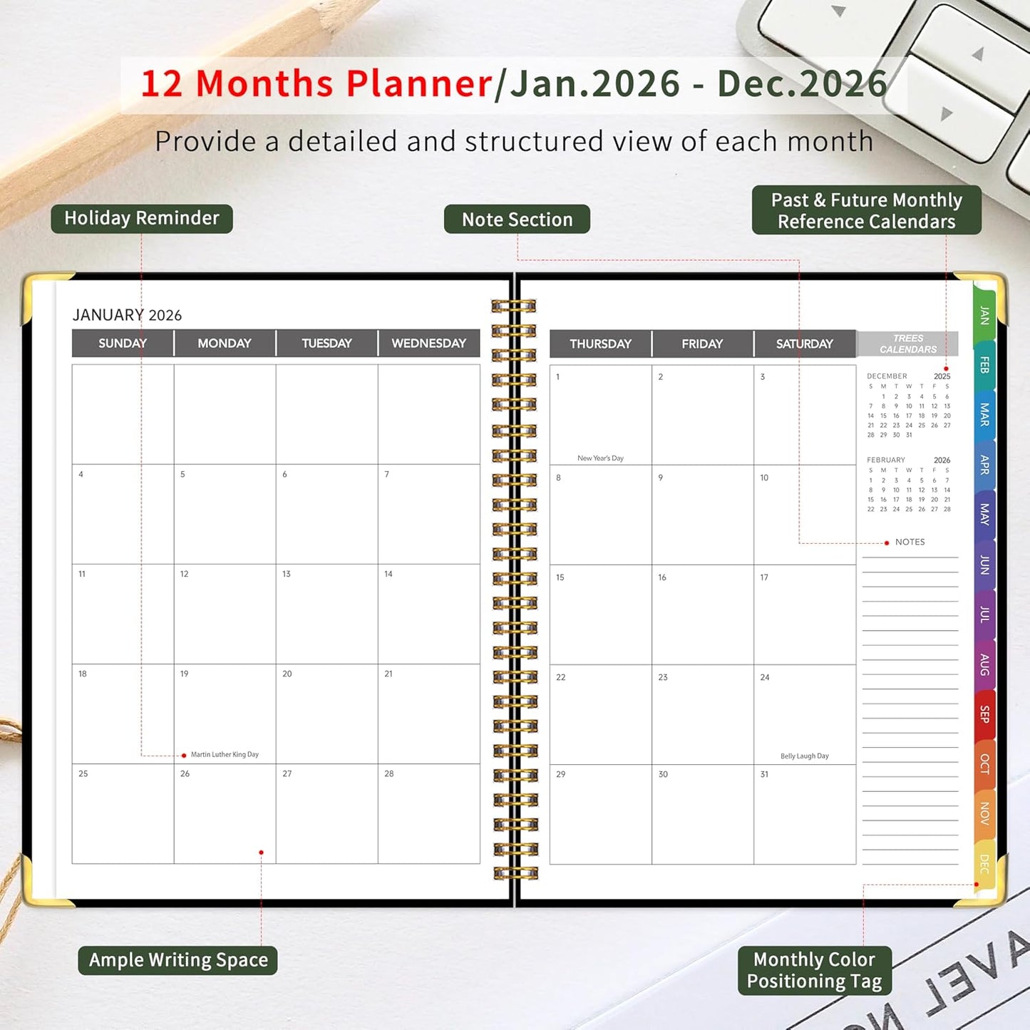 2026 Appointment Book/Planner - 2026 Daily Hourly Planner from Jan. 2026 - Dec. 2026, Weekly appointment Book 2026, 2026 Hourly planner with 20-Minute Interval, 9" x 11", Twin-Wire Binding, Colorful Tabs, Pocket - Black