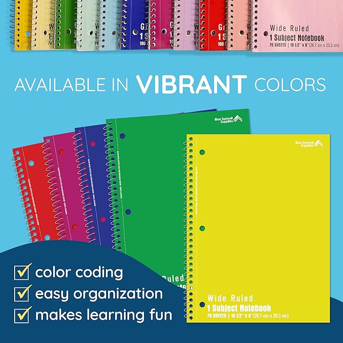 Blue Summit Wide Ruled Spiral Notebook, 1 Subject Spiral Notebook Wide Ruled, Paper School Notebooks Bulk, 12 Pack