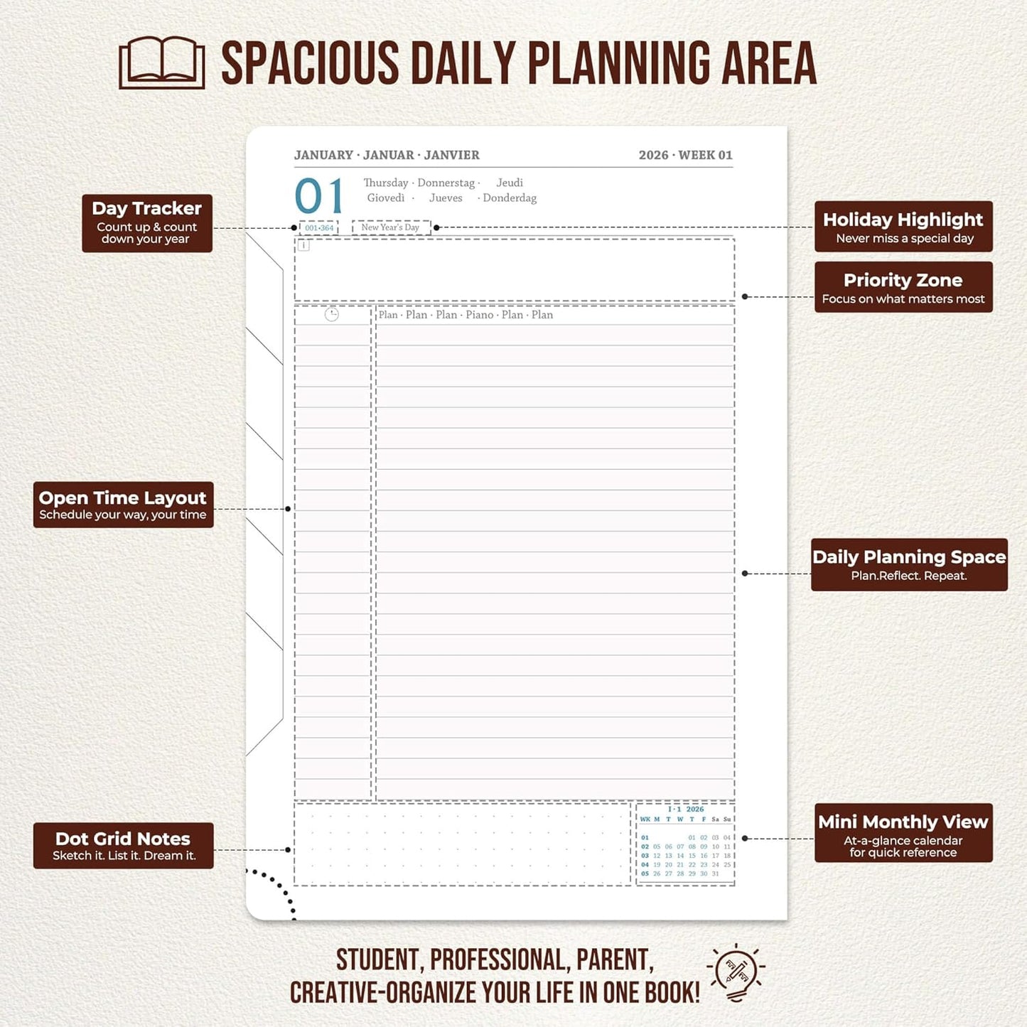 Daily Planner 2026 with One Page Per Day,(A5-8.5" x 5.9"),12 Months Calendar Hourly Appointment Book Monthly Tabs&Self-adhesive Pen Holder,Inner Pocket,Durable Vegan Leather Hardback,Brown