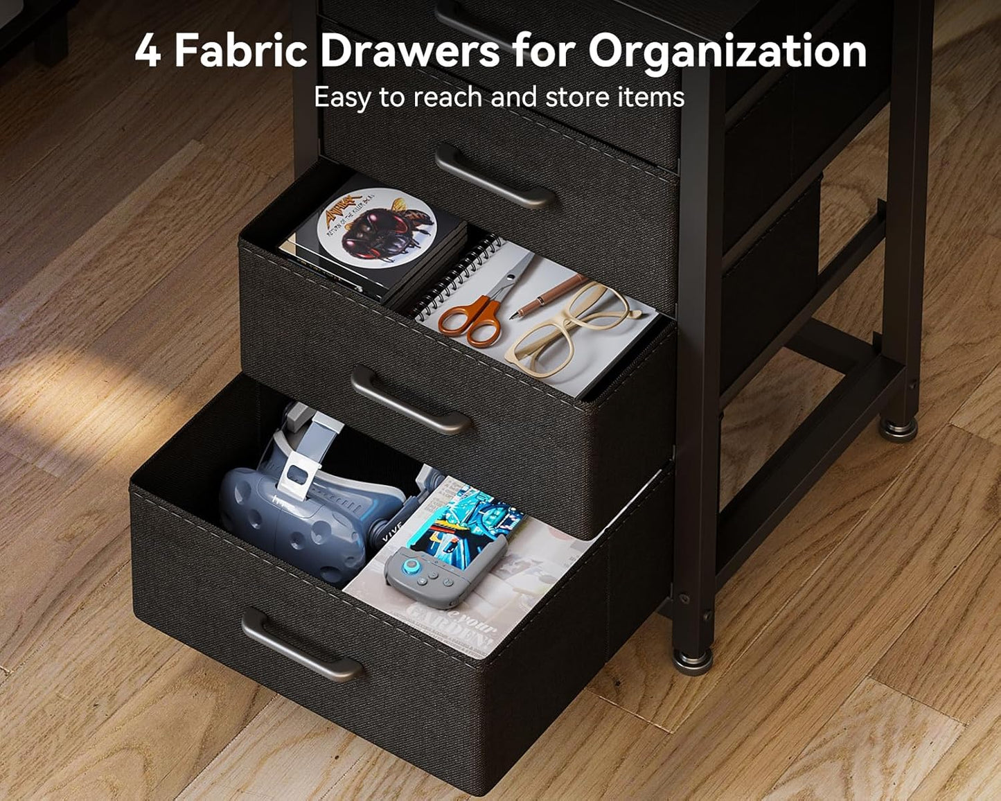 Casaottima L Shaped Desk with 4 Tier Drawers, 53" Gaming Desk with Power Outlets & USB, Reversible L-Shaped Computer Desk with CPU Stand, Home Office Corner Desk with Storage, Easy Assemble, Black