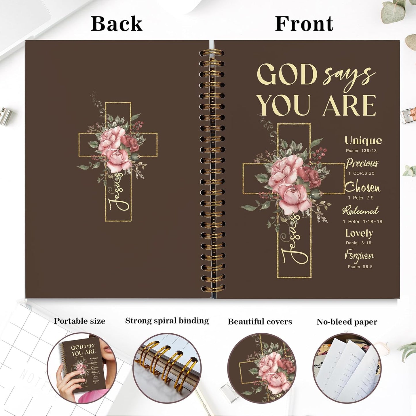 Bible Notebook, A5 Spiral Christian Journal with Floral Notebook, Bible Verse-God Says You Are, Inspirational Notebooks for Women, Bible Study, Gift for Birthday Christmas, Office Supplies (Brown)