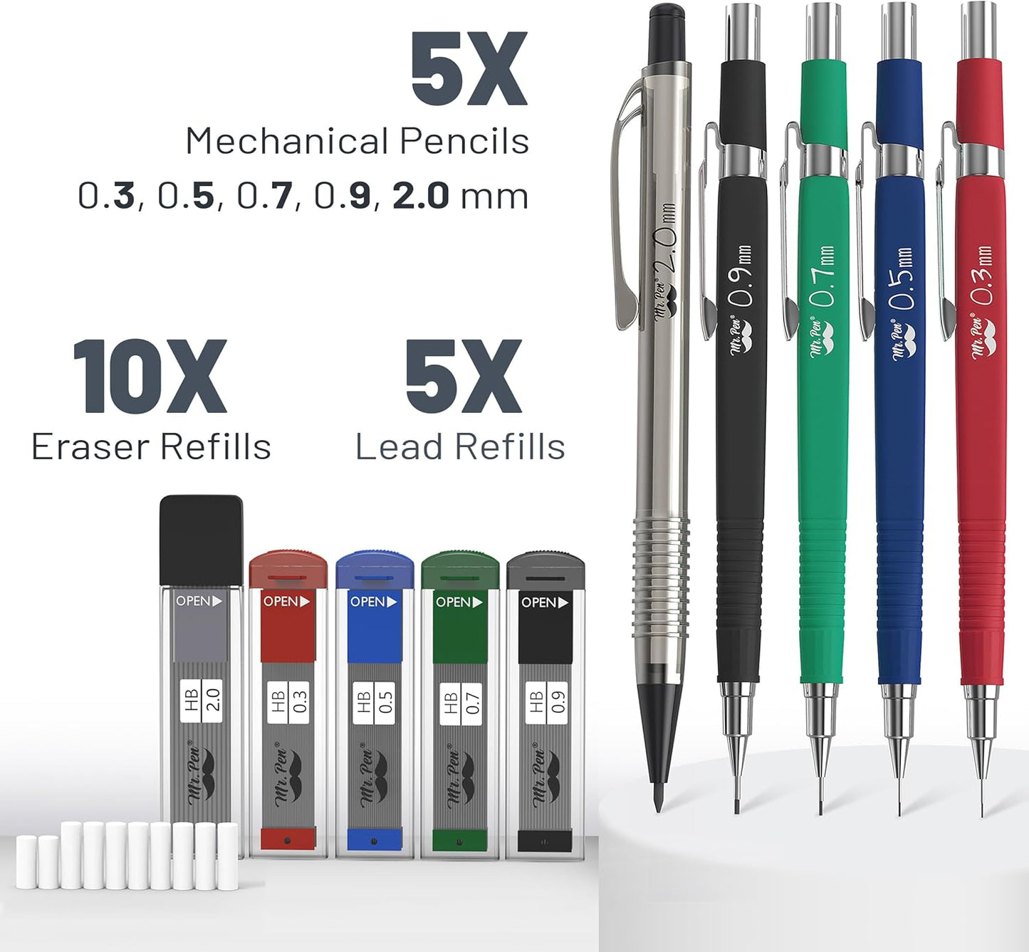 Mr. Pen Mechanical Pencil Set with Lead and Eraser Refills, 5 Sizes - 0.3, 0.5, 0.7, 0.9 and 2 Millimeters, Drafting, Sketching, Illustrations, Architecture, Back to School Supplies