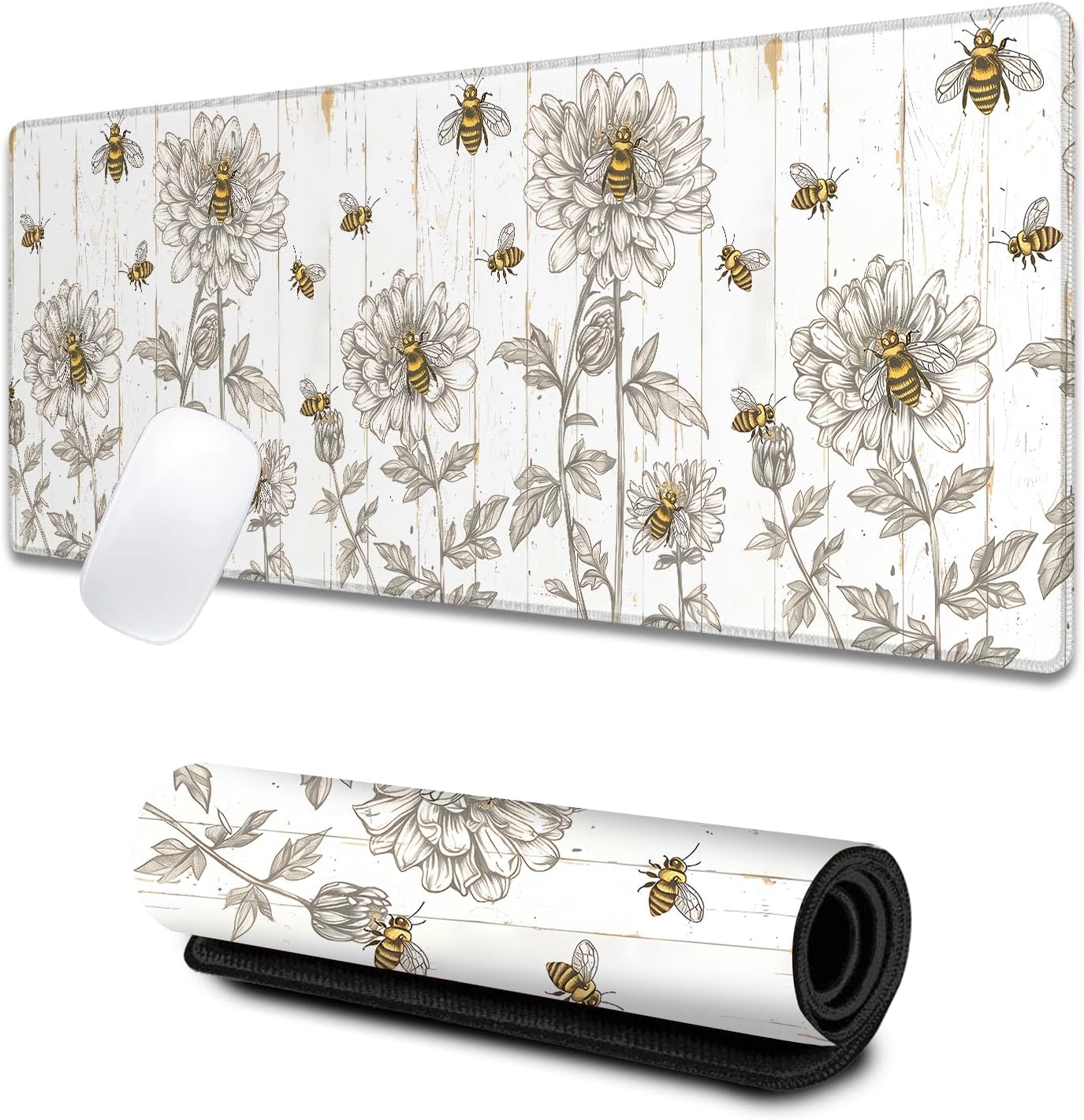 Bee Large Gaming Desk Mat,Rubber Non-Slip Bumble Floral Mouse Pad,31.5x11.8x0.12in Extended Multiple Colors Cute Sketch Bees Mousepad,Game Lover Mice Pads Gifts,Office Home Deskmat Decor